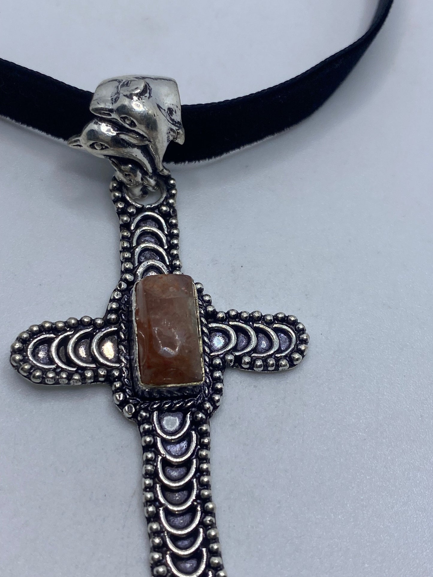 Vintage Orange Sunstone Cross Choker Black Velvet Ribbon Pendant