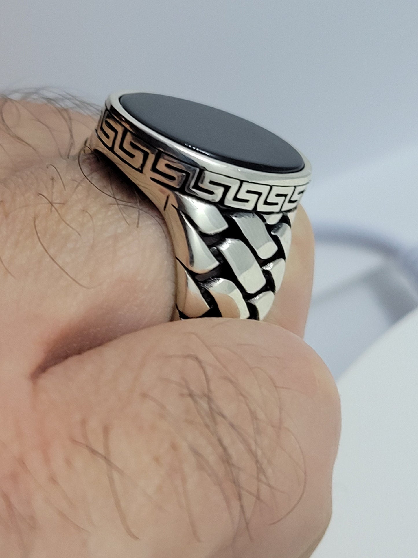 Vintage Black Onyx Mens Ring in 925 Sterling Silver Modern Styled with Genuine Onyx