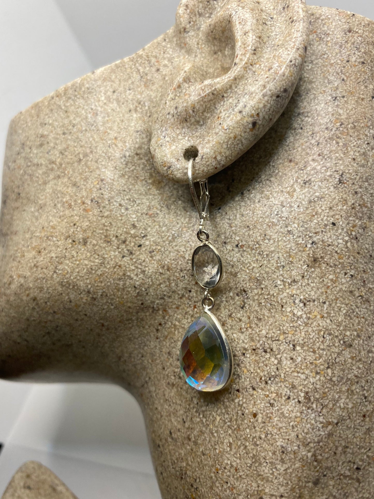 Antique Vintage Blue Pink Opal Glass Silver Dangle Earrings