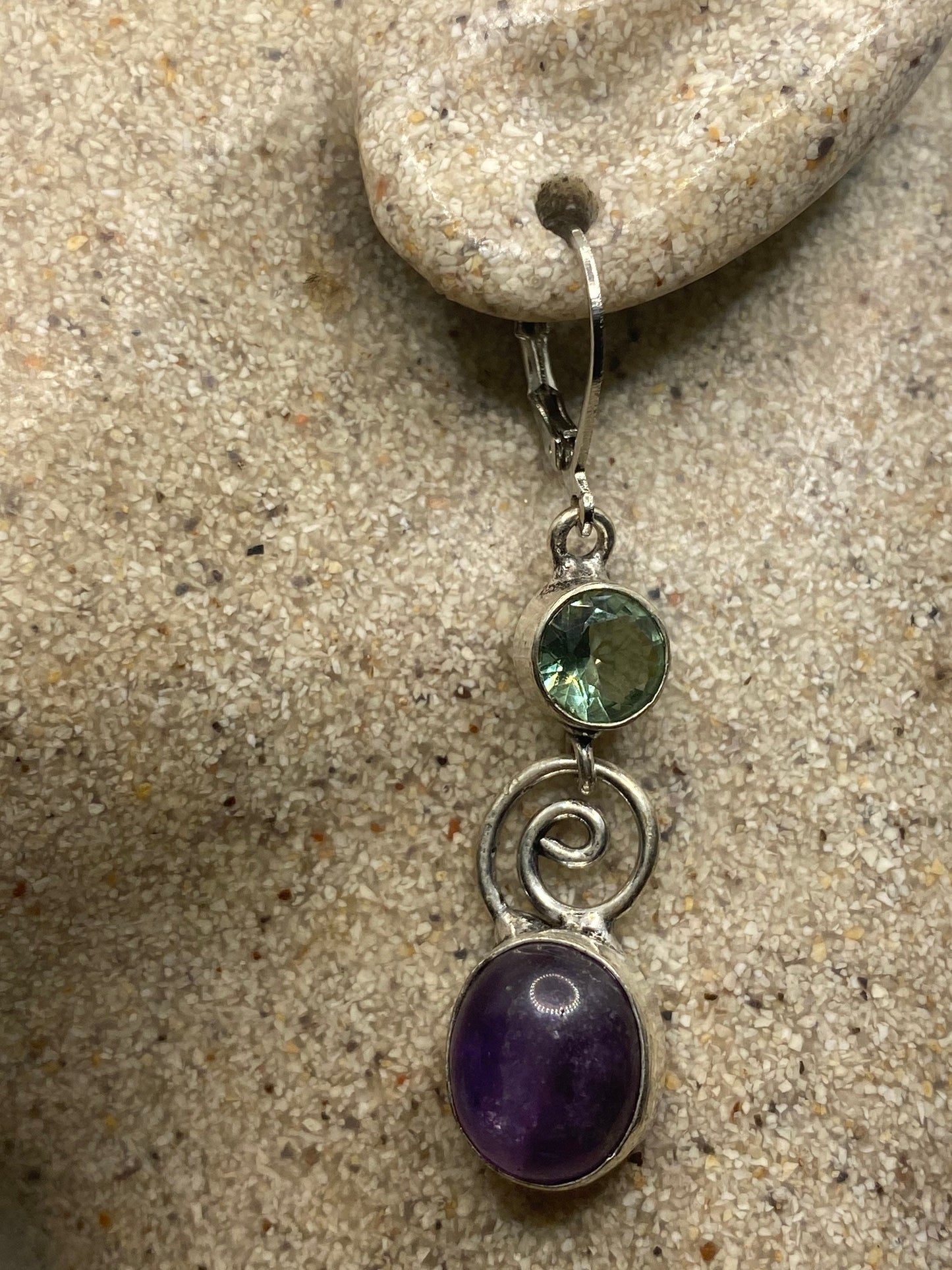 Vintage Purple Amethyst Green fluorite Earrings 925 Sterling Silver Leverback Chandelier