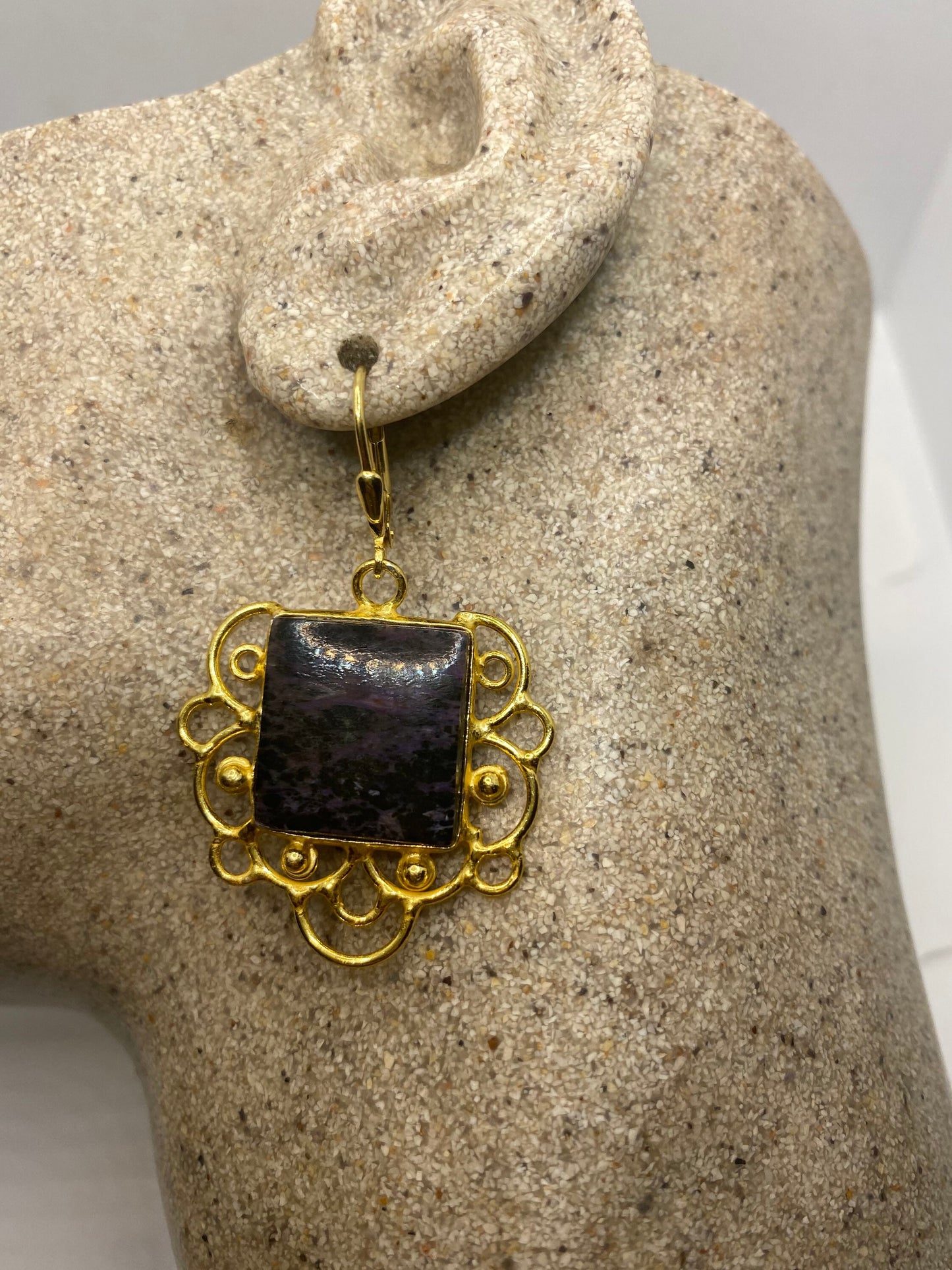 Vintage Purple chairite Earrings 925 Sterling Silver Leverback Chandelier