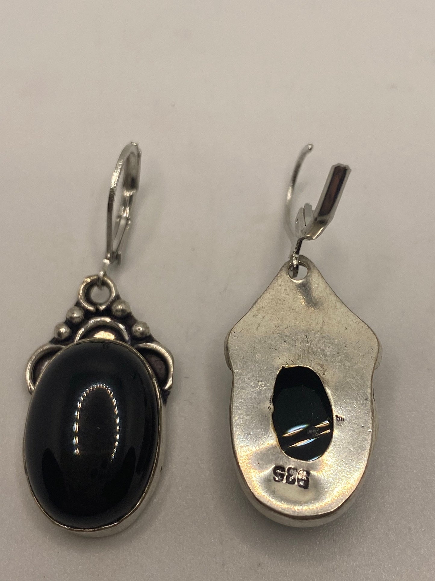 Vintage Black Onyx Earrings 925 Sterling Silver Deco Dangle Chandelier