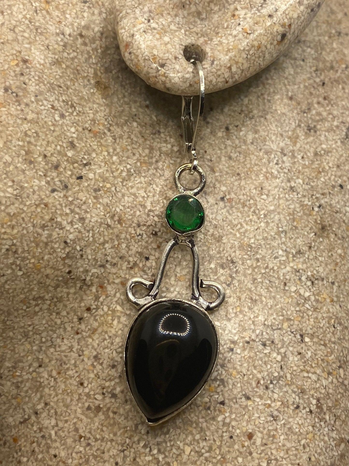 Vintage Black Onyx Green Peridot Earrings 925 Sterling Silver Deco Dangle Chandelier