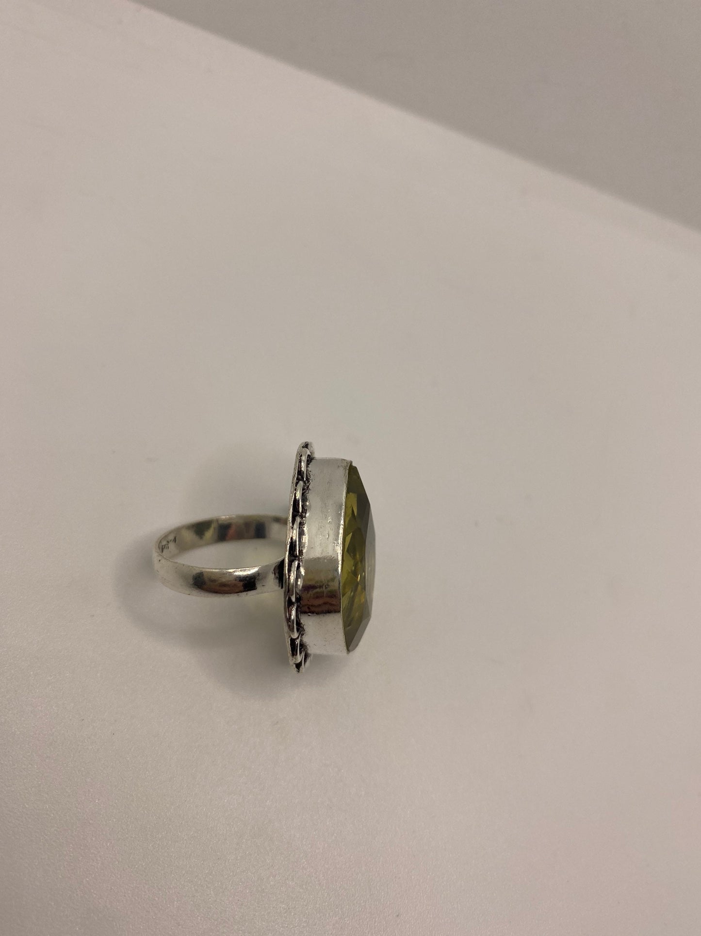 Vintage Yellow Glass Ring, German Silver Cocktail Ring, Size 7.5