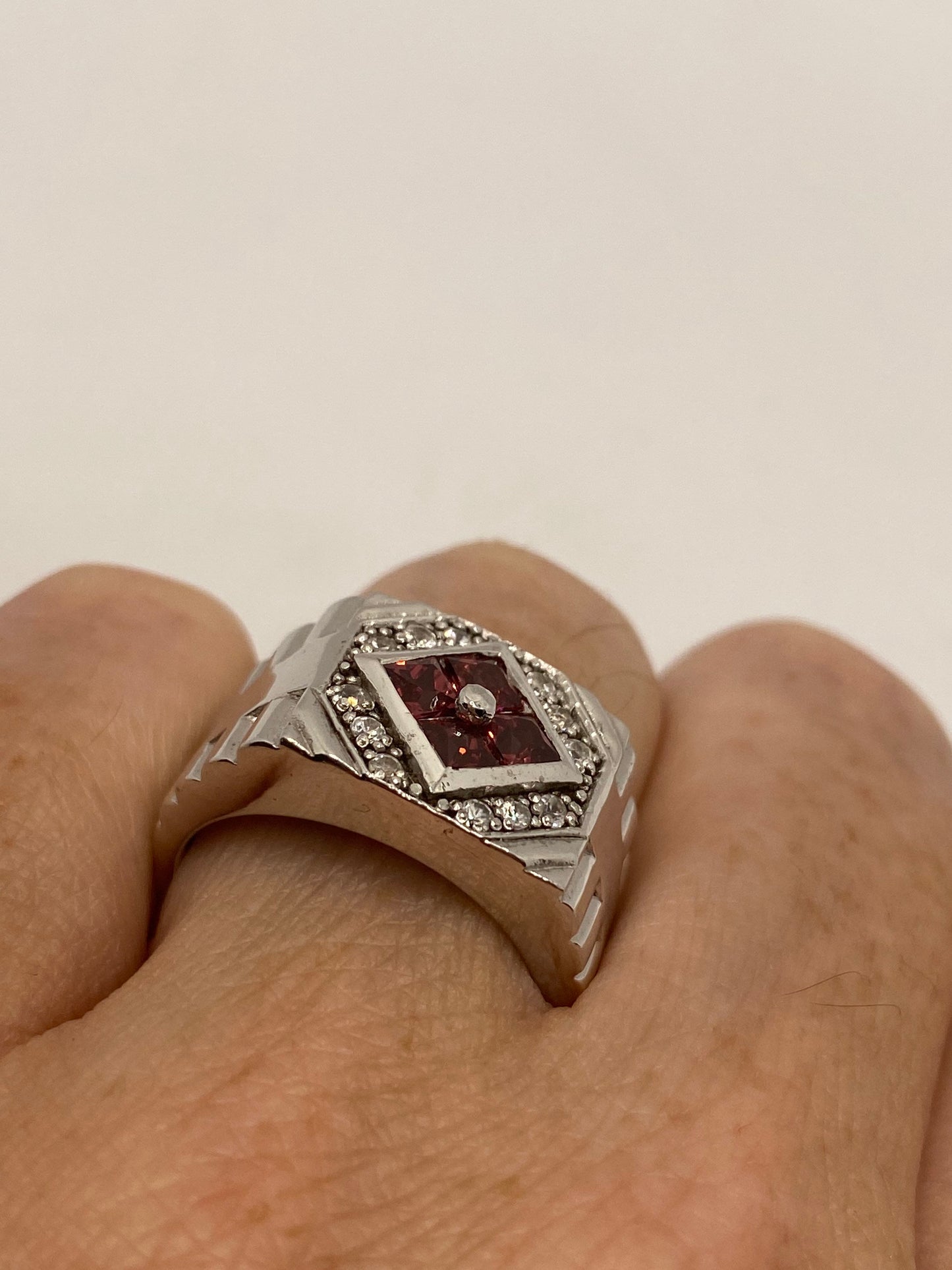 Vintage Red Bohemian Garnet Ring White Sapphire 925 Sterling Silver Cocktail Statement