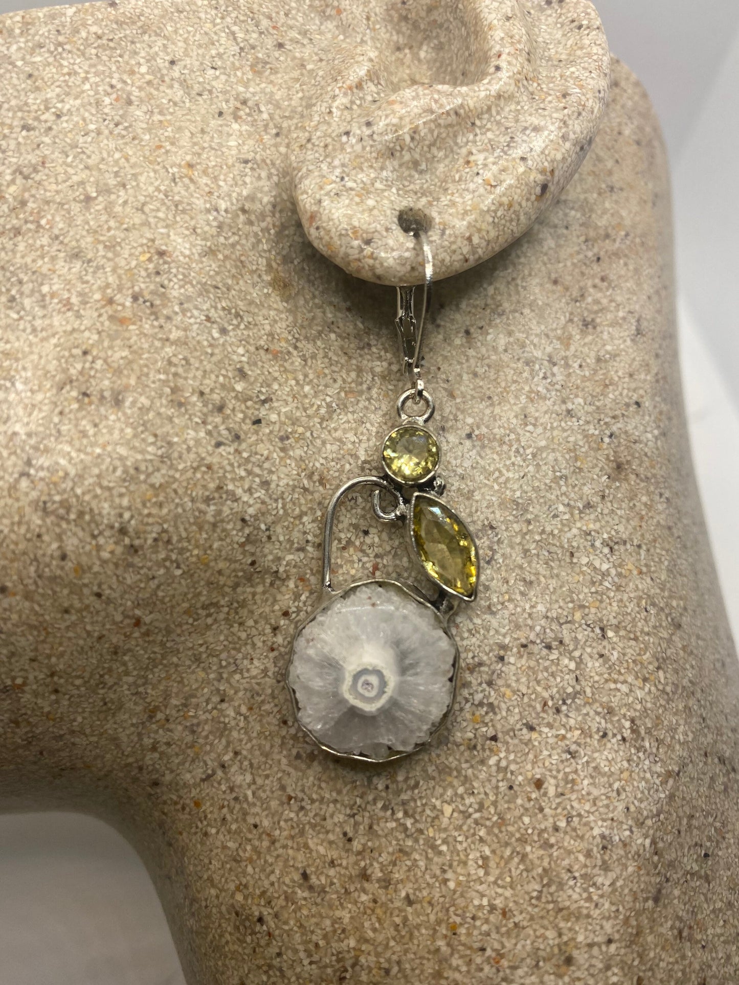 Vintage Citrine Onyx Geode Slice 925 Sterling Silver Lever Back Earrings