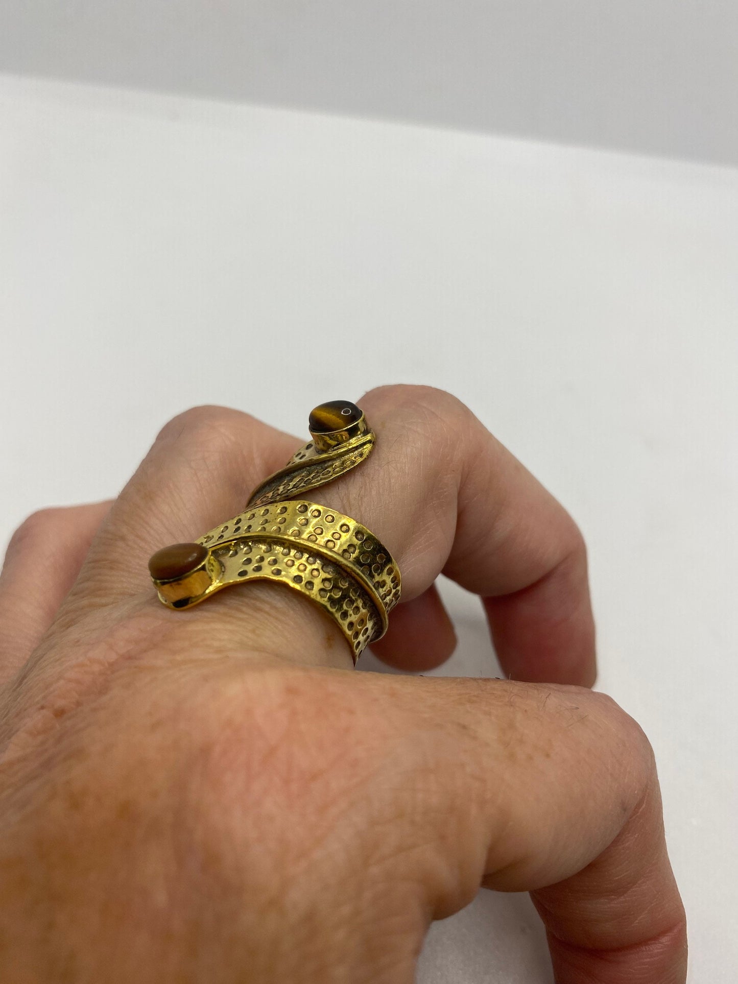 Vintage Tigers Eye Golden Brass Knuckle Ring