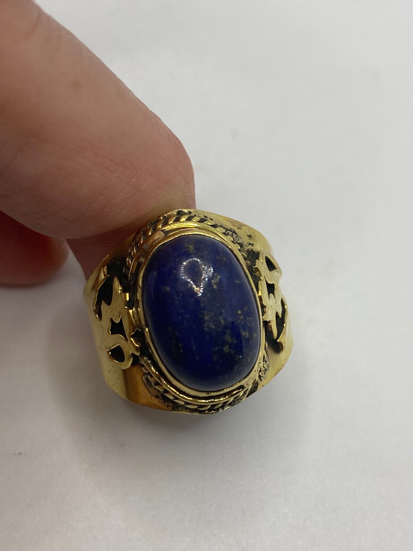 Vintage Blue Lapis Lazuli Golden Brass Size 9 Ohm Shanti Ring