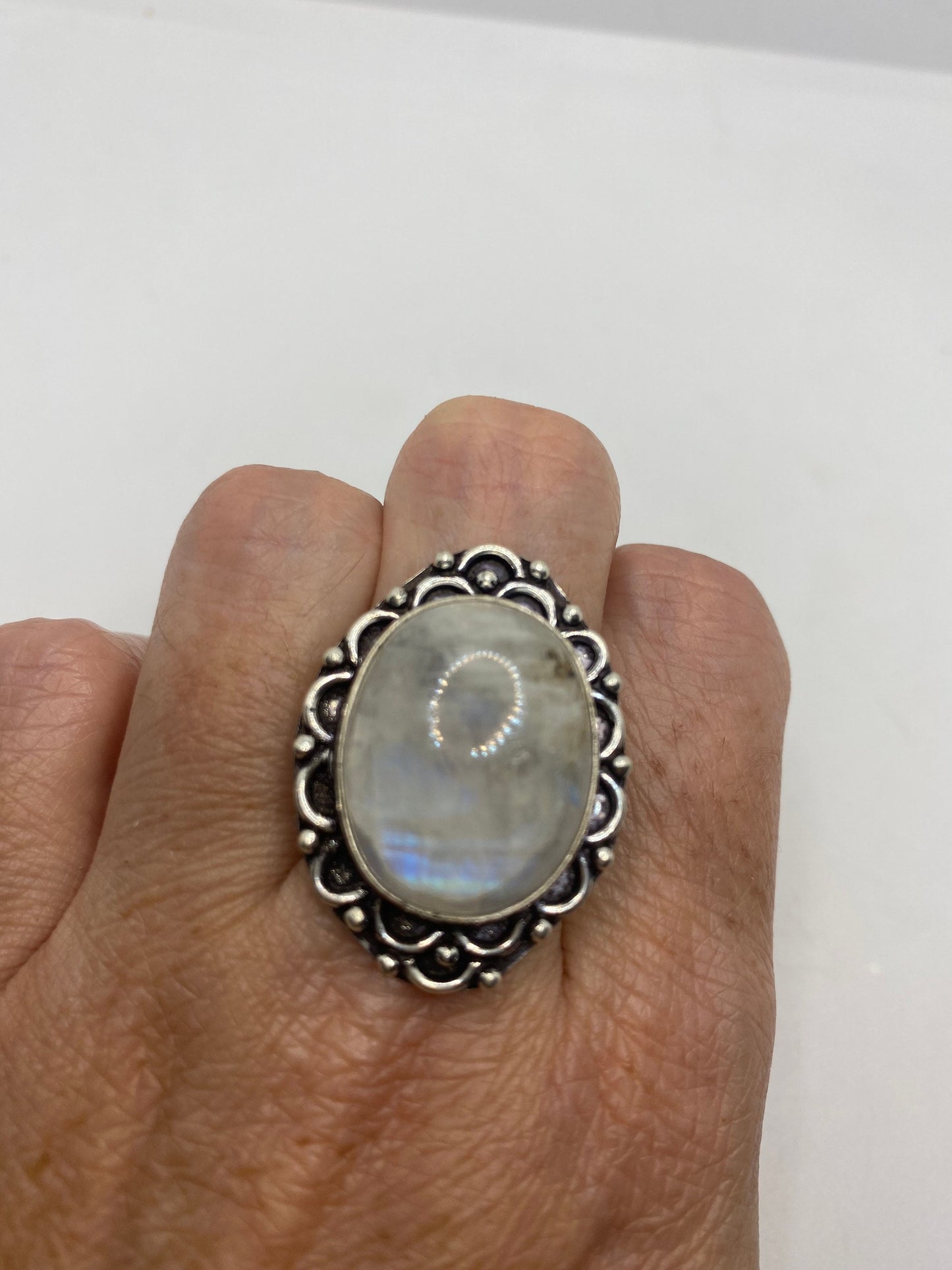 Vintage Genuine Blue White Rainbow Moonstone Ring