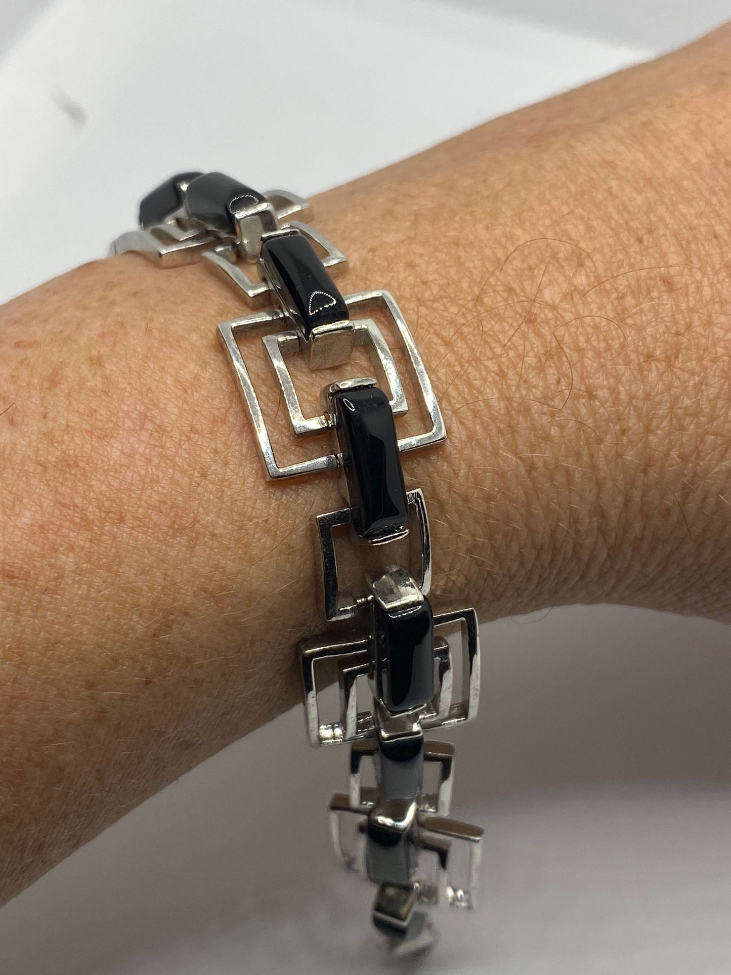 Vintage 925 Sterling Silver Black Onyx Deco Bracelet