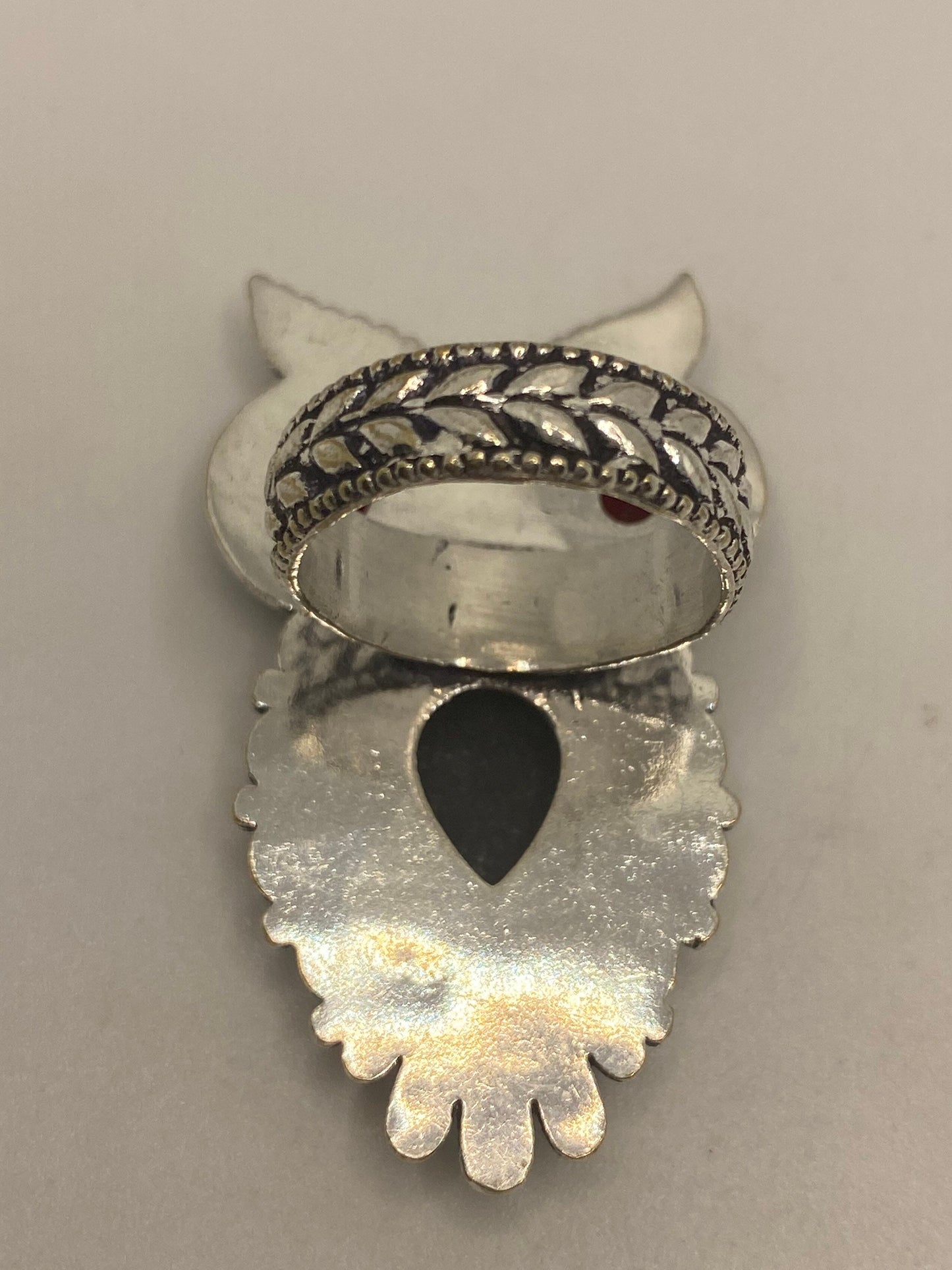 Antique Green Abalone White Bronze Silver owl Ring