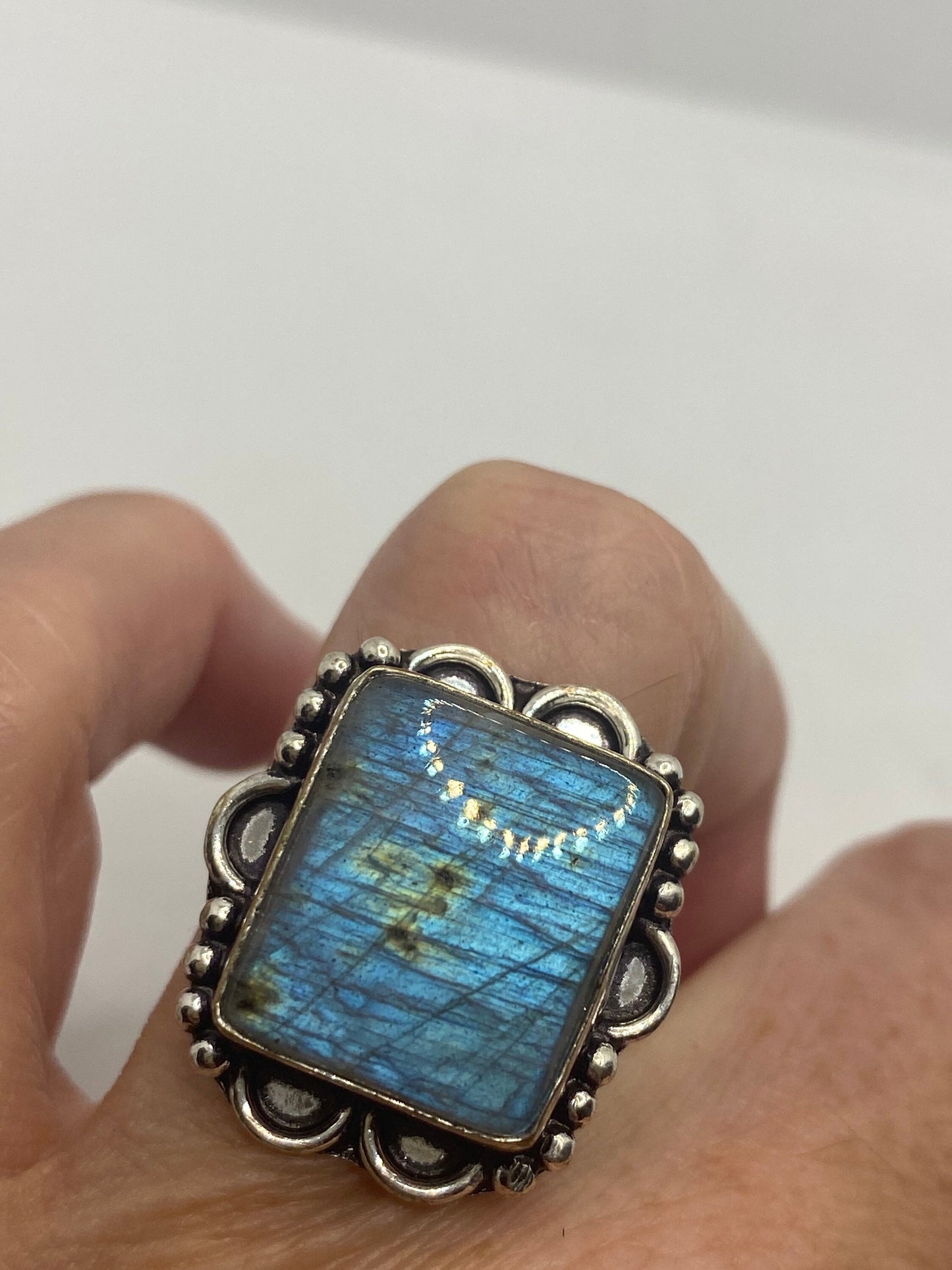 Vintage Blue Rainbow Labradorite Silver Statement Ring