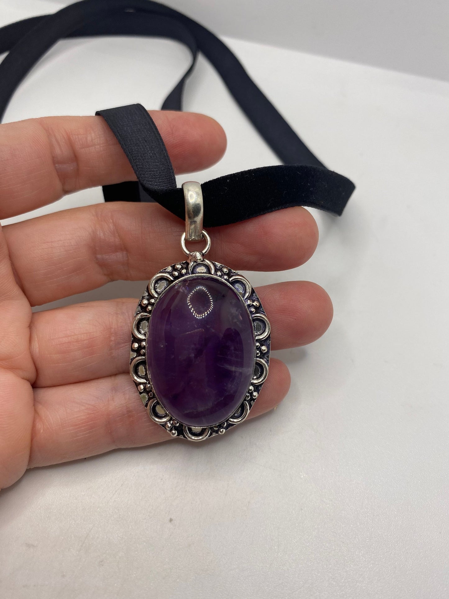 Bohemian Cabochon Cut Droplet Deep Purple Genuine Amethyst Necklace