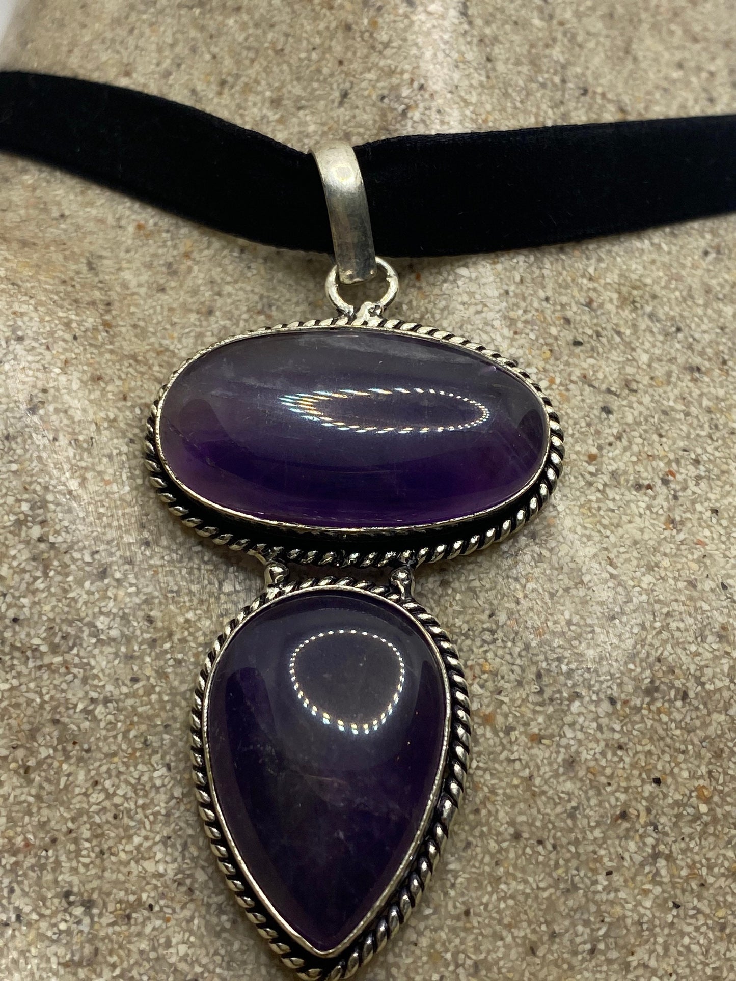 Bohemian Cabochon Cut Droplet Deep Purple Genuine Amethyst Necklace