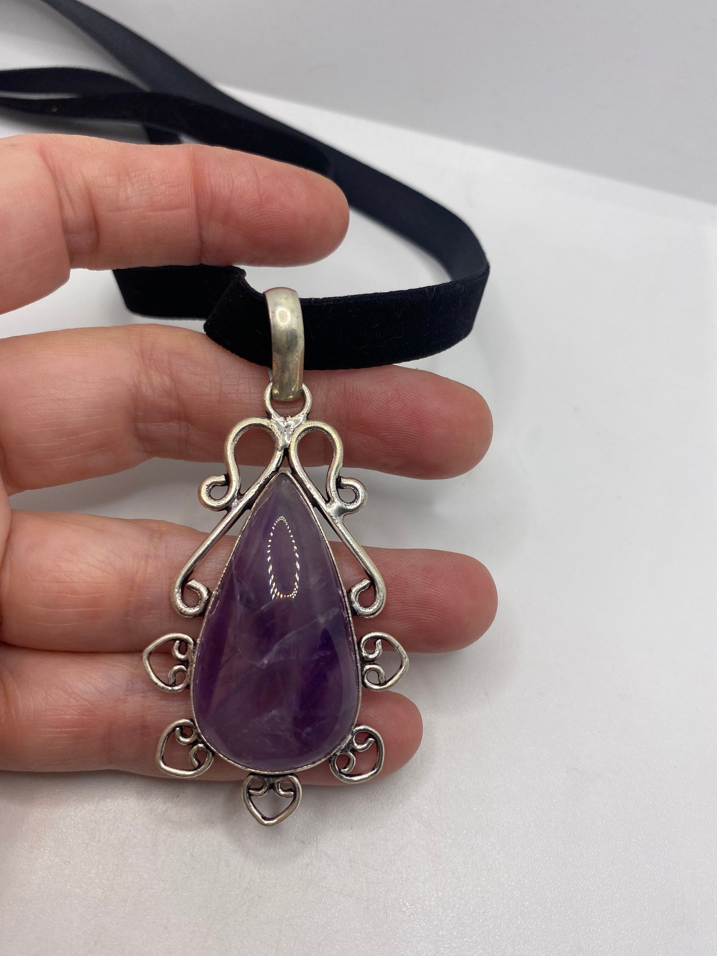 Bohemian Cabochon Cut Droplet Deep Purple Genuine Amethyst Necklace