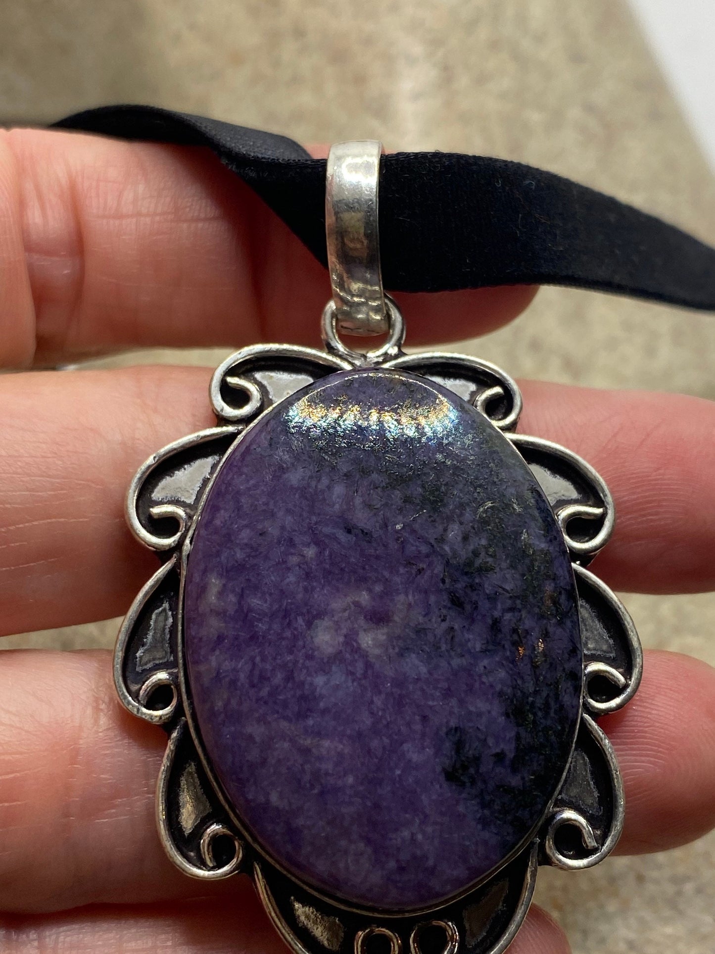 Vintage Cabochon Purple Charlite Choker Necklace