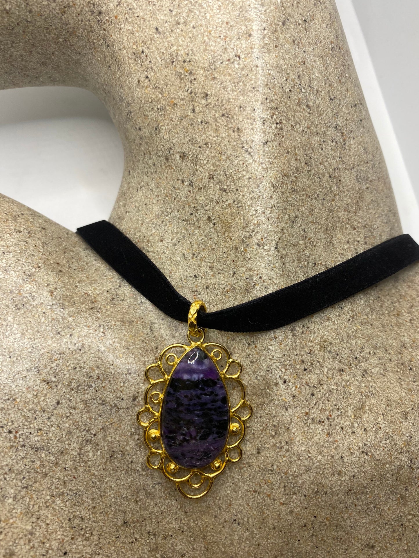 Vintage Cabochon Purple Charlite Golden Choker Necklace