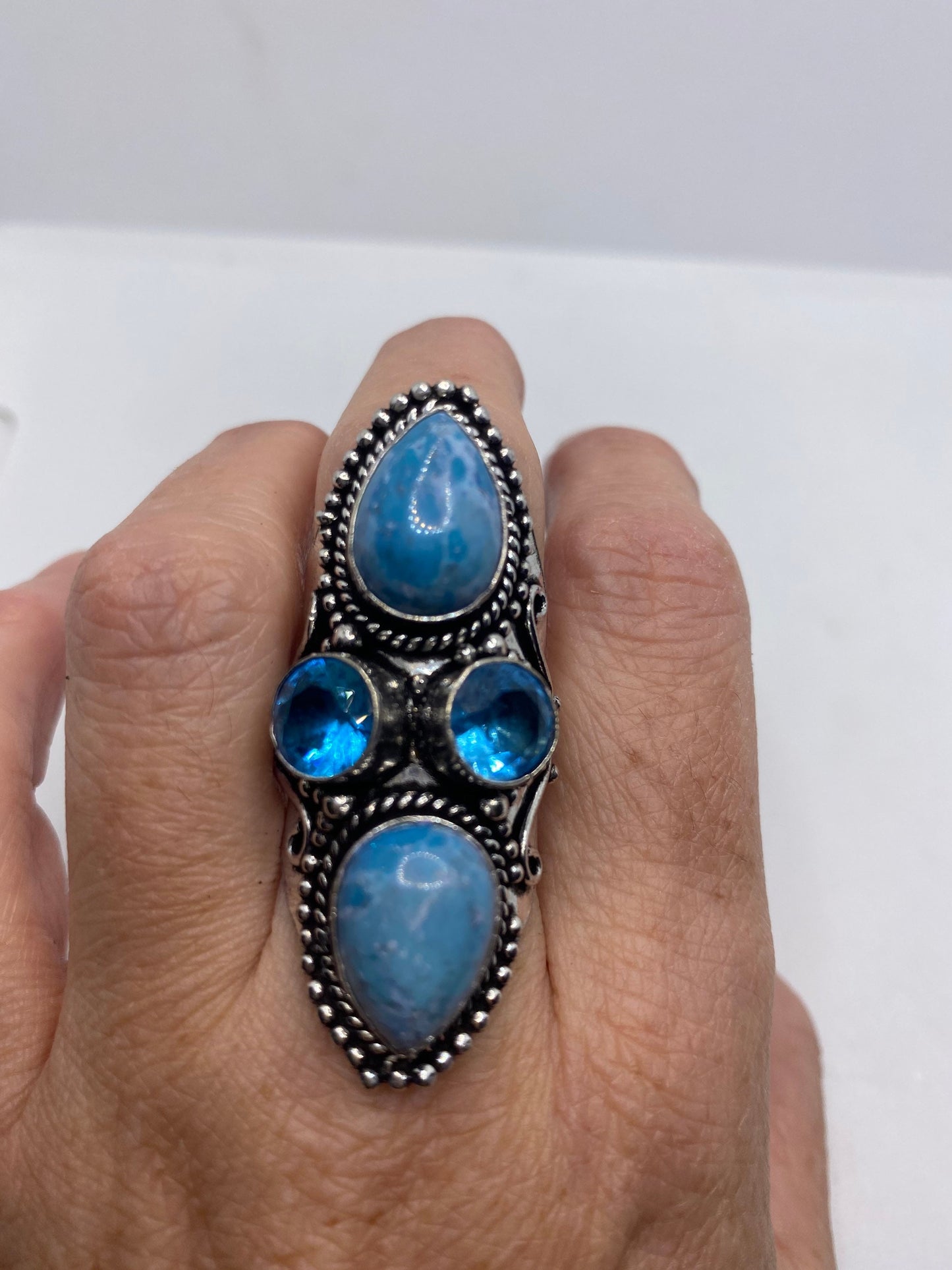 Vintage Aqua Blue Topaz Larimar Statement Ring