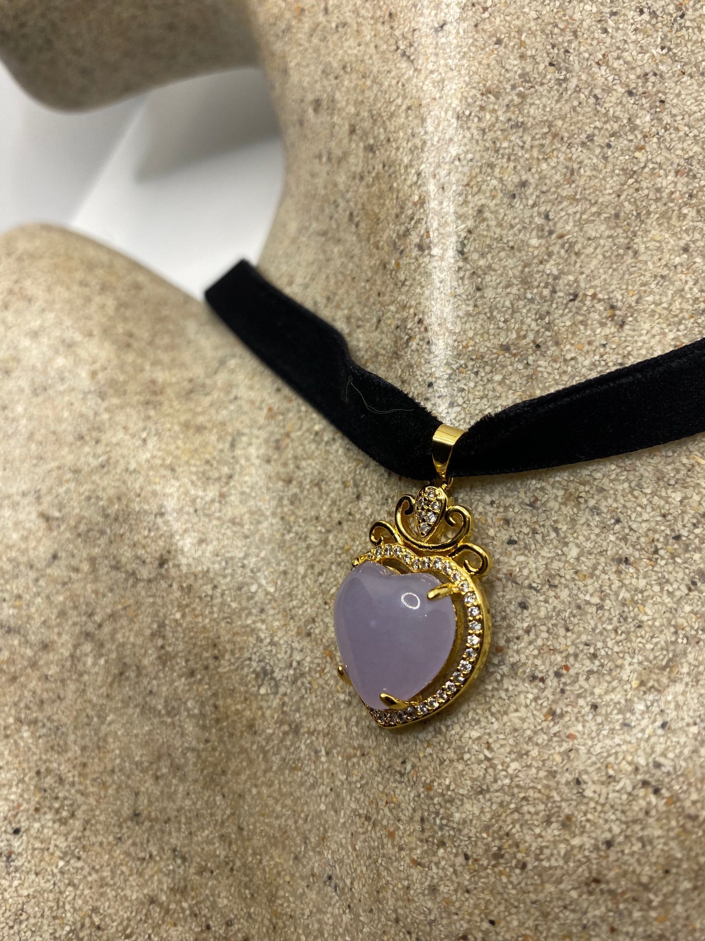Vintage Lavender Jade Choker Gold Finish Necklace Pendant