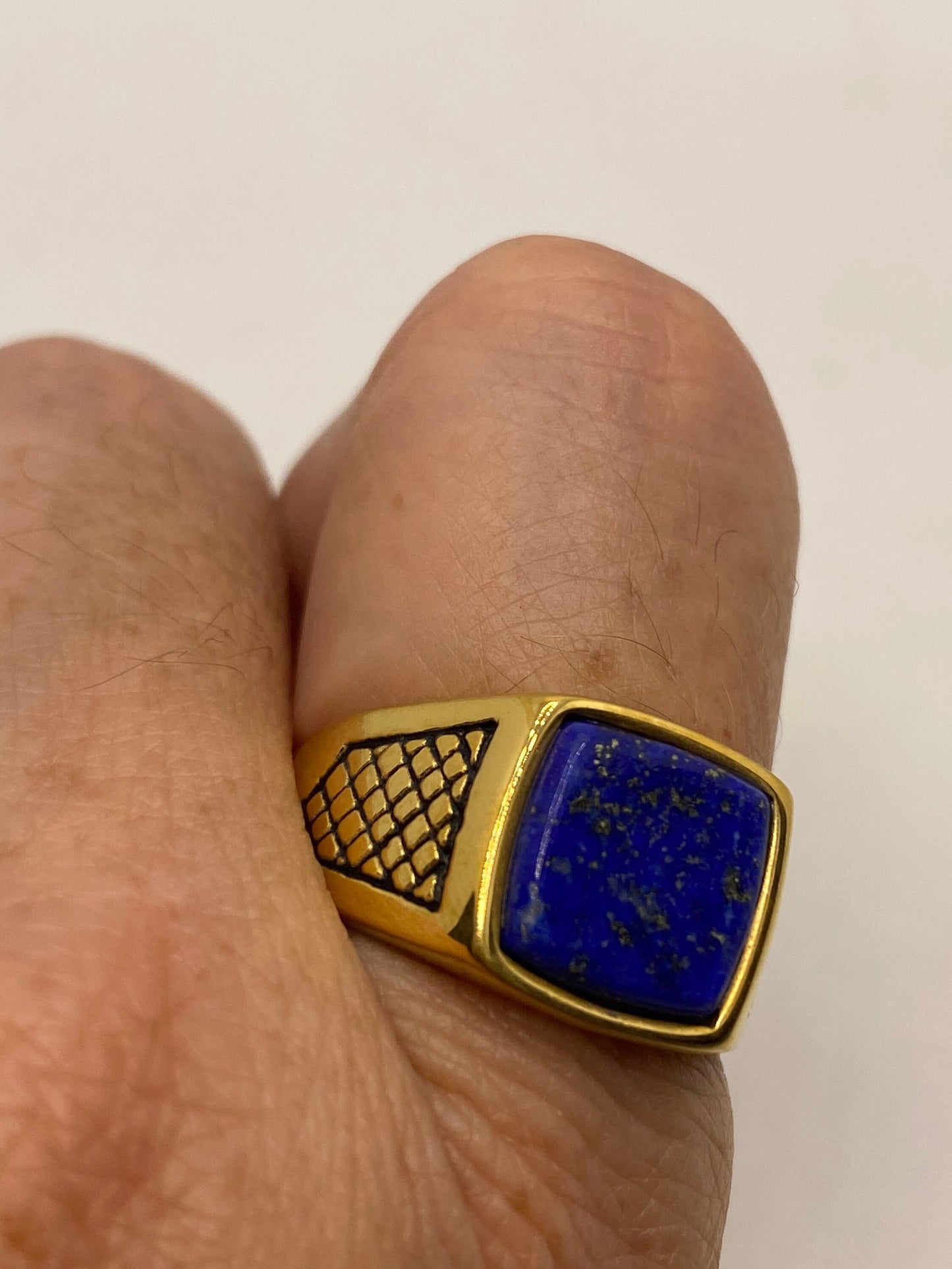 Vintage Blue Lapis Lazuli Golden Finished Mens Ring