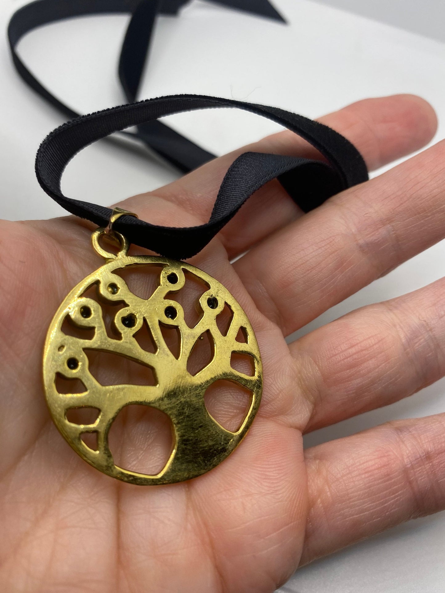 Vintage Tree of Life Onyx Bronze Black Velvet Choker Necklace.