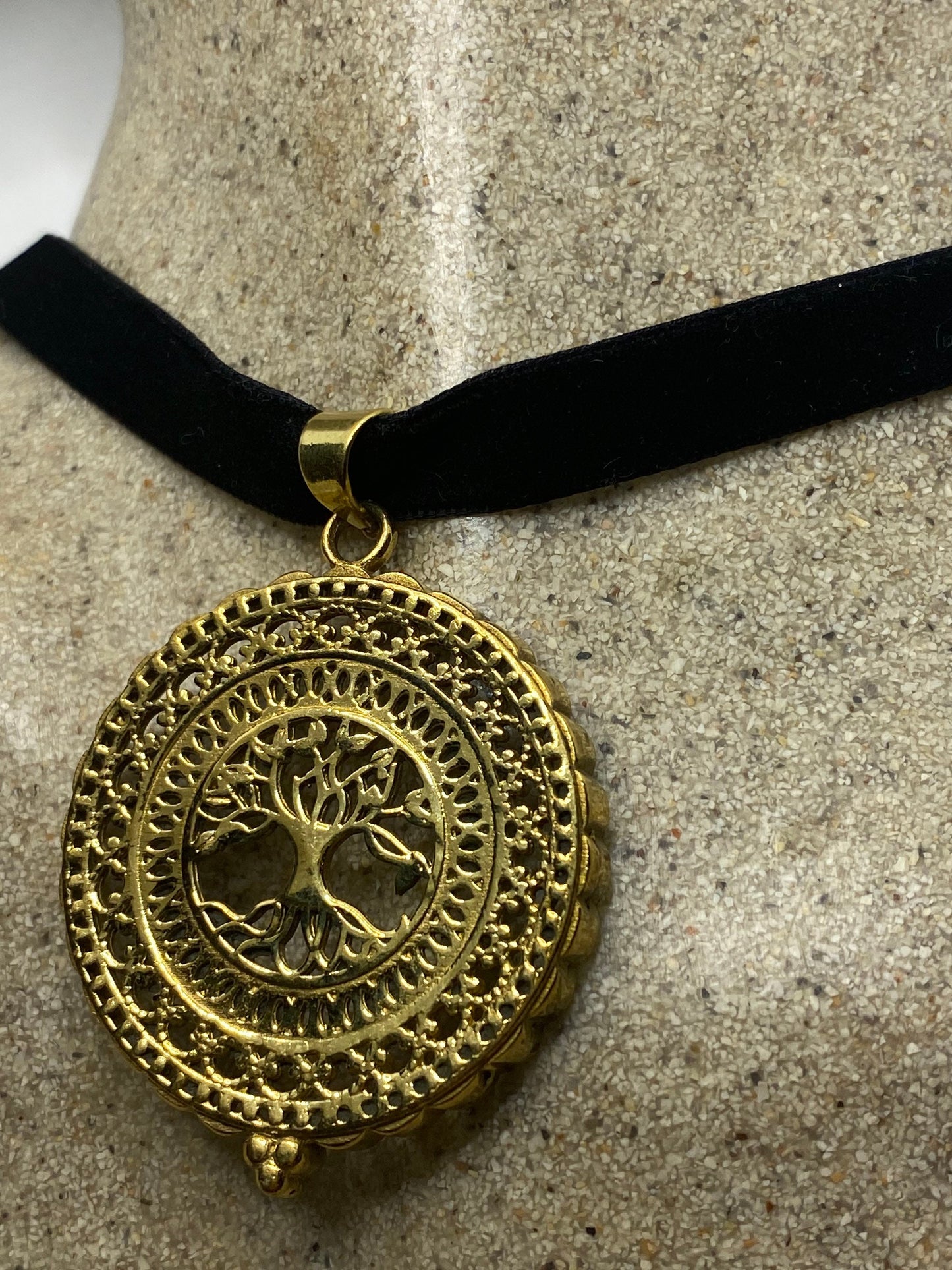 Vintage Tree of Life Bronze Velvet Choker Necklace.