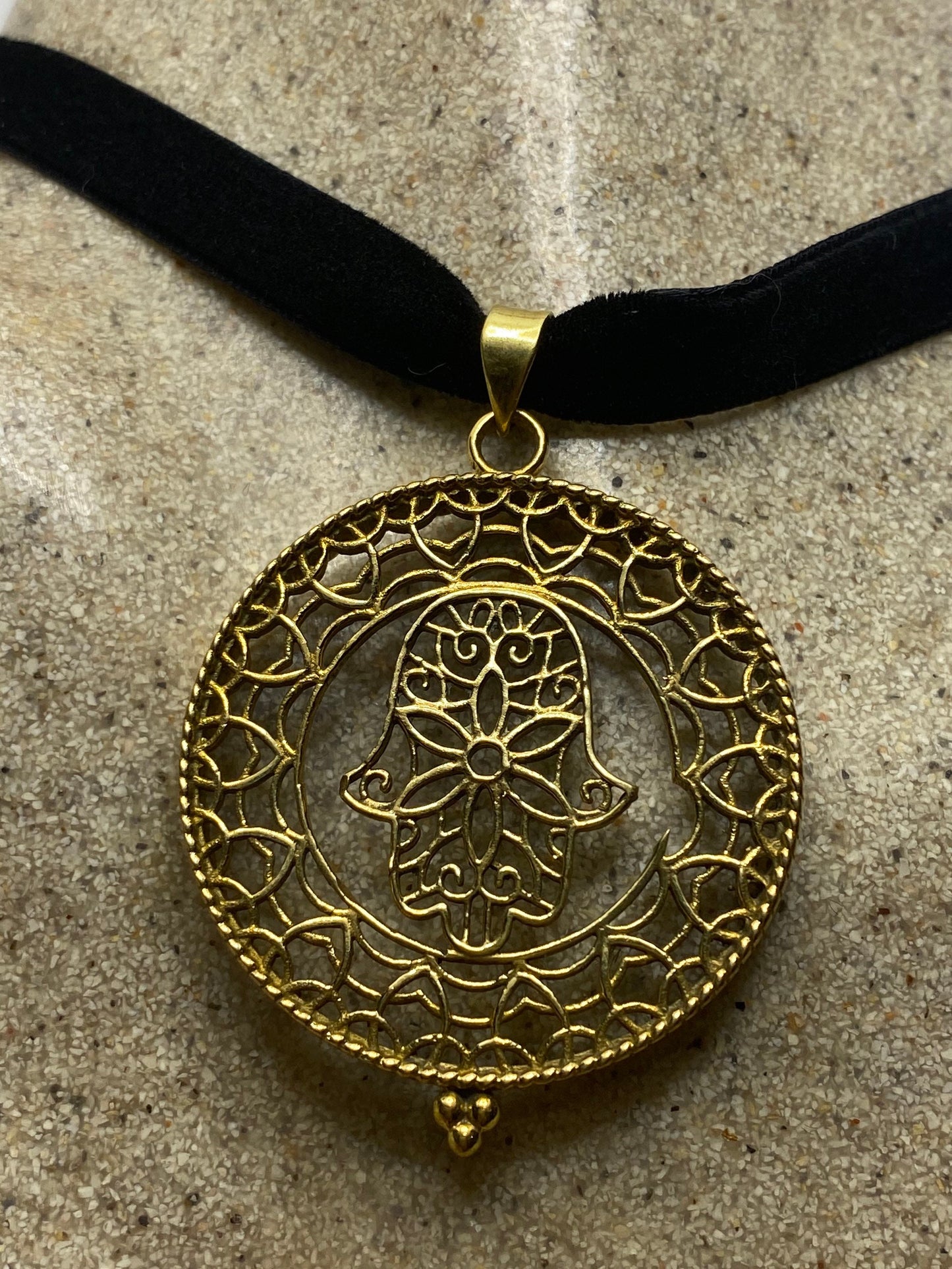 Vintage Hand of Fatima Bronze Velvet Choker Necklace.
