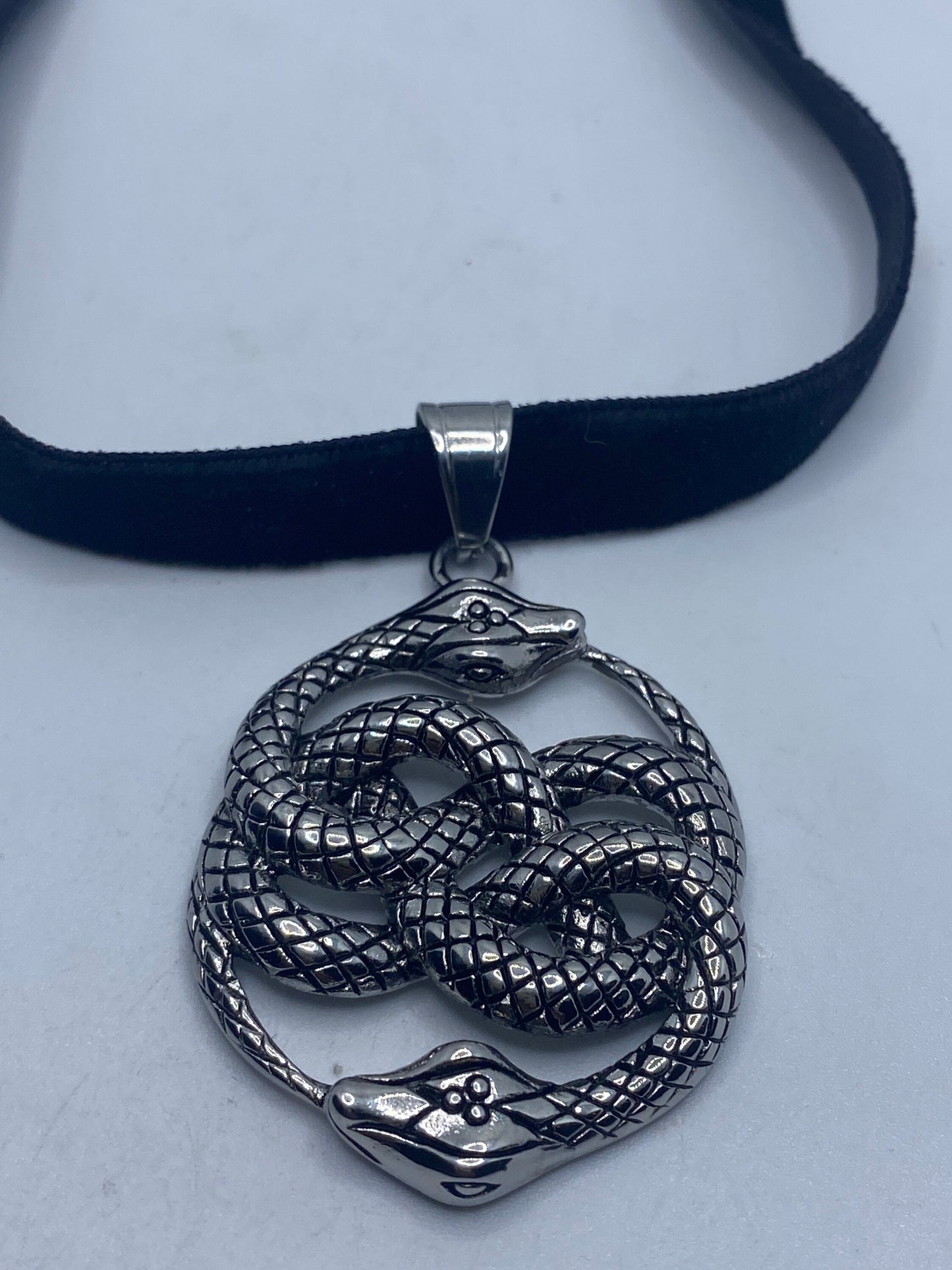 Vintage Silver Stainless Steel Deco Infinity Snake Choker Necklace