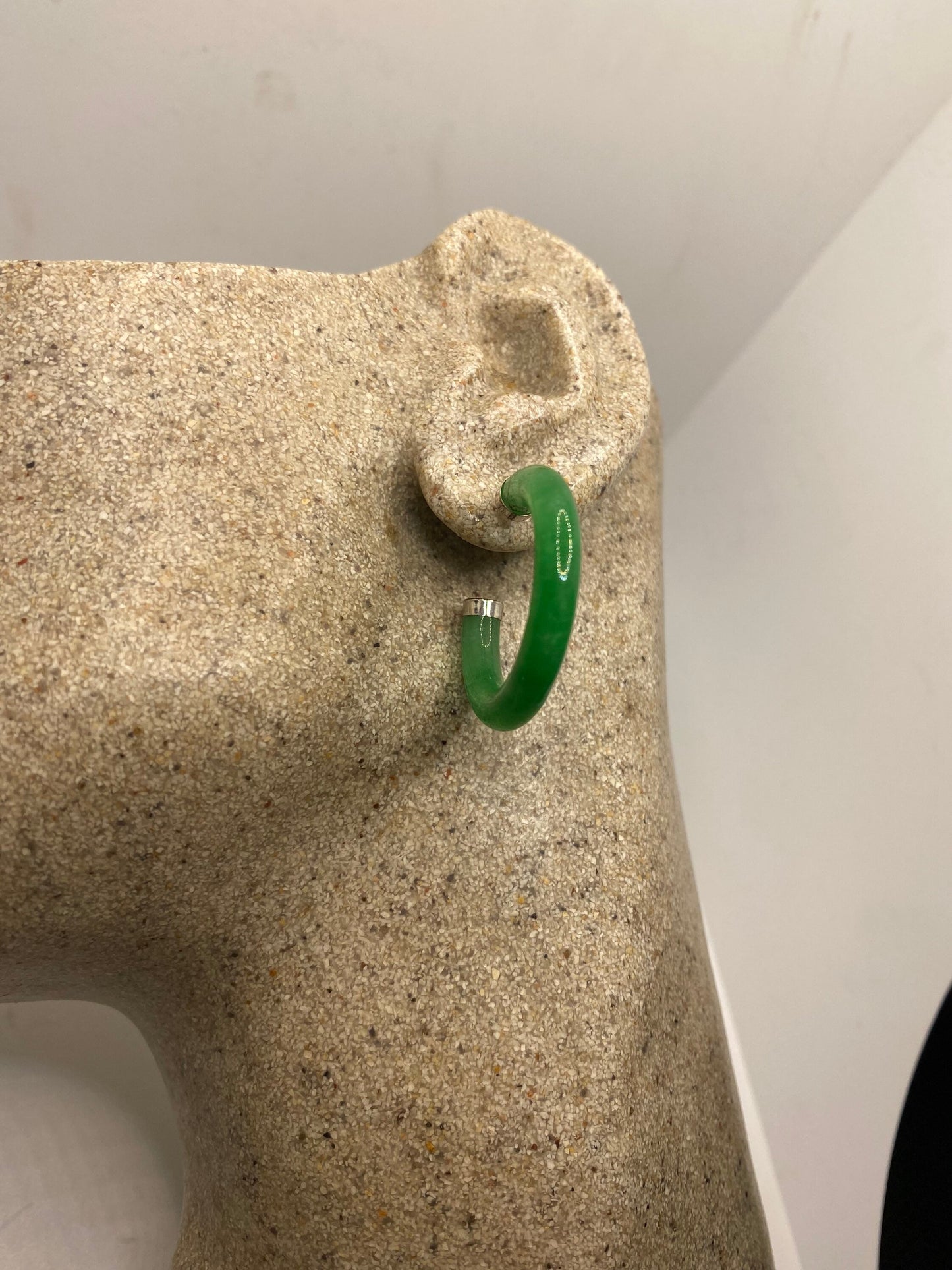 Vintage Green Jade Sterling Silver Semi Hoop Earrings