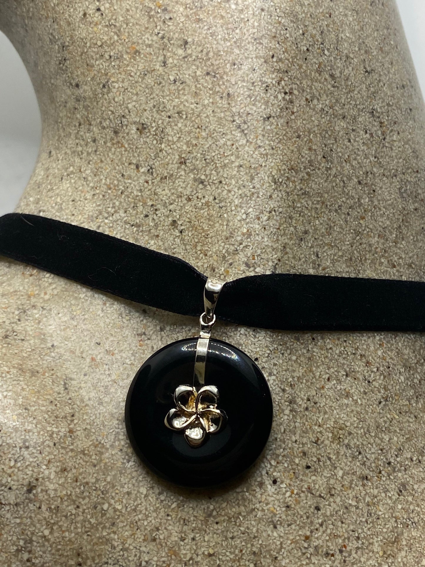 Vintage Black Onyx Choker 925 Sterling Silver Pendant Necklace