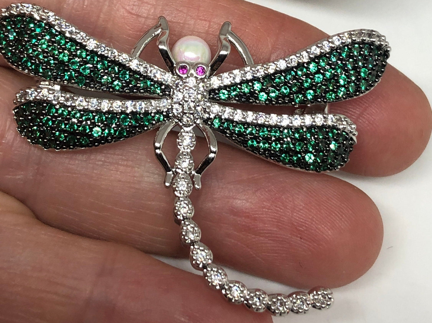 Vintage Green Crystal Gothic Styled Silver Finished Dragonfly Necklace Broach