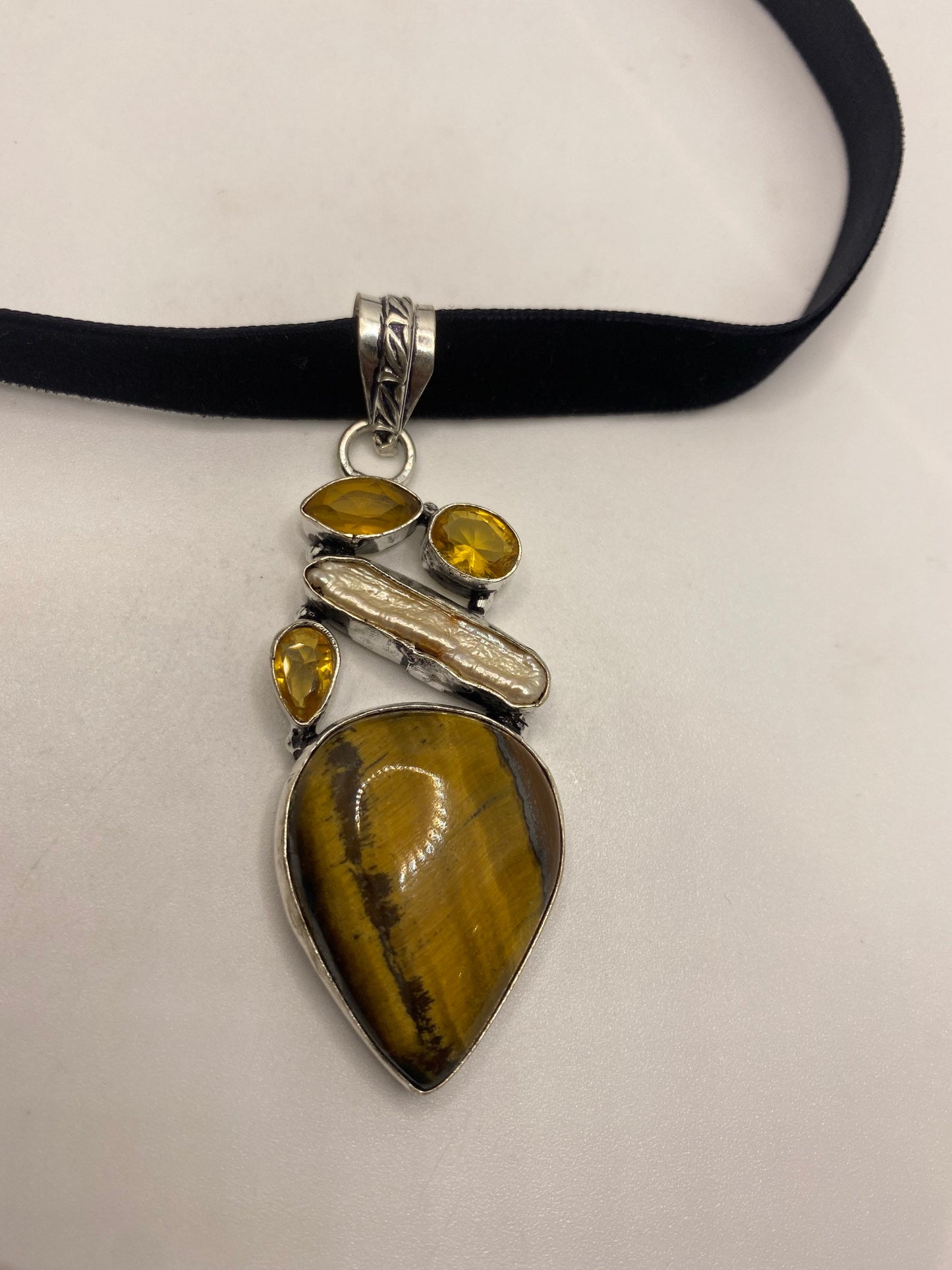 Vintage Tigers Eye Citrine Pearl Choker Turkish Ottoman Styled Silver Pendant Necklace