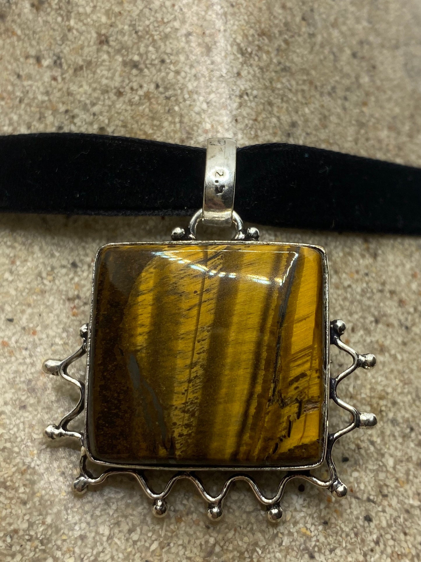 Vintage Tigers Eye Choker Turkish Ottoman Styled Silver Pendant Necklace