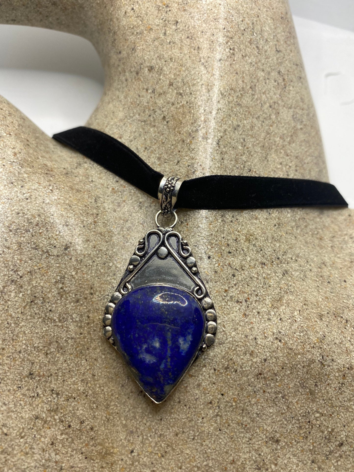 Vintage Blue Lapis Choker Black Velvet Ribbon Necklace.