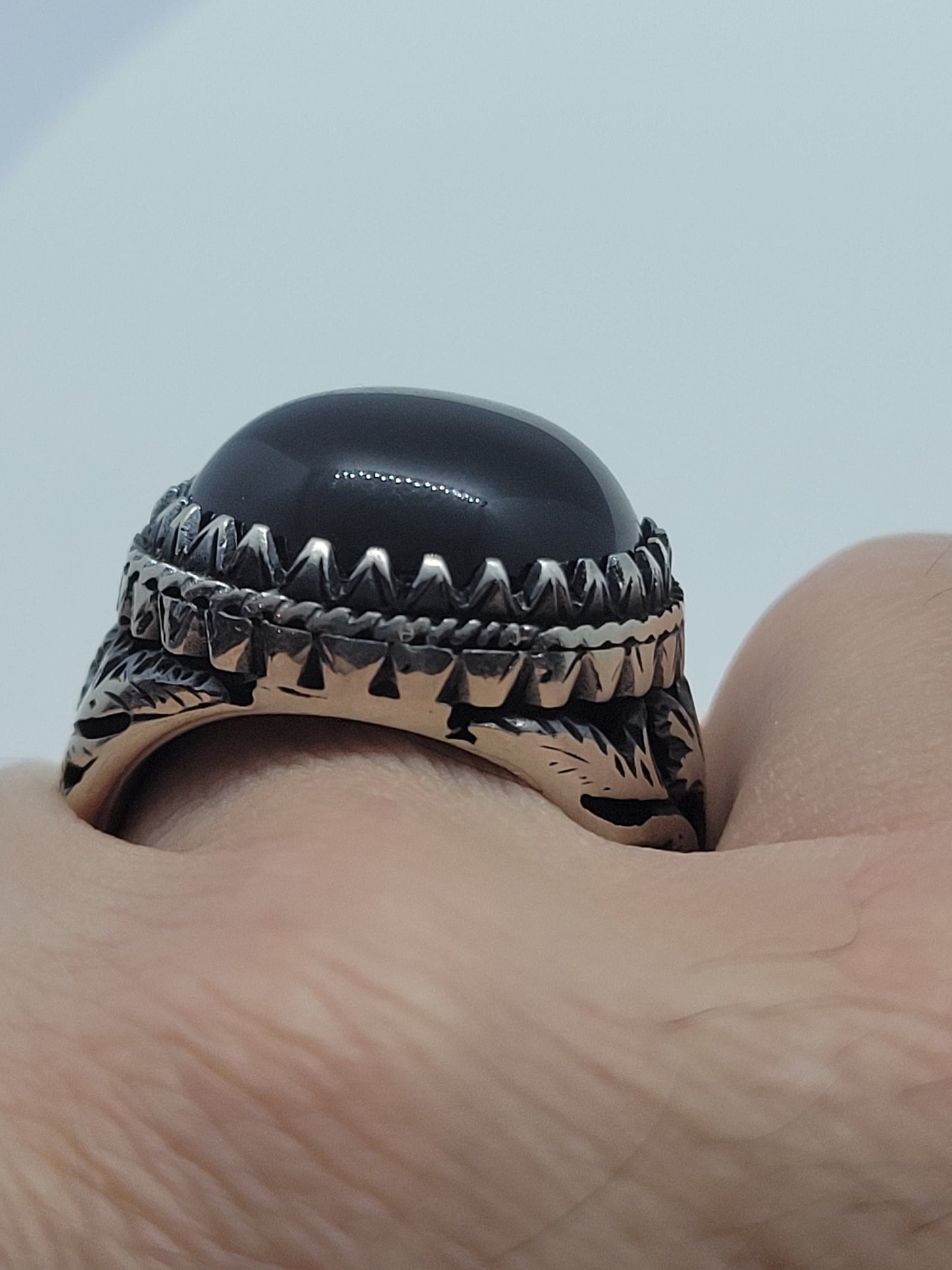 Vintage Black Onyx Mens Ring in 925 Sterling Silver Persian Styled with Genuine Onyx