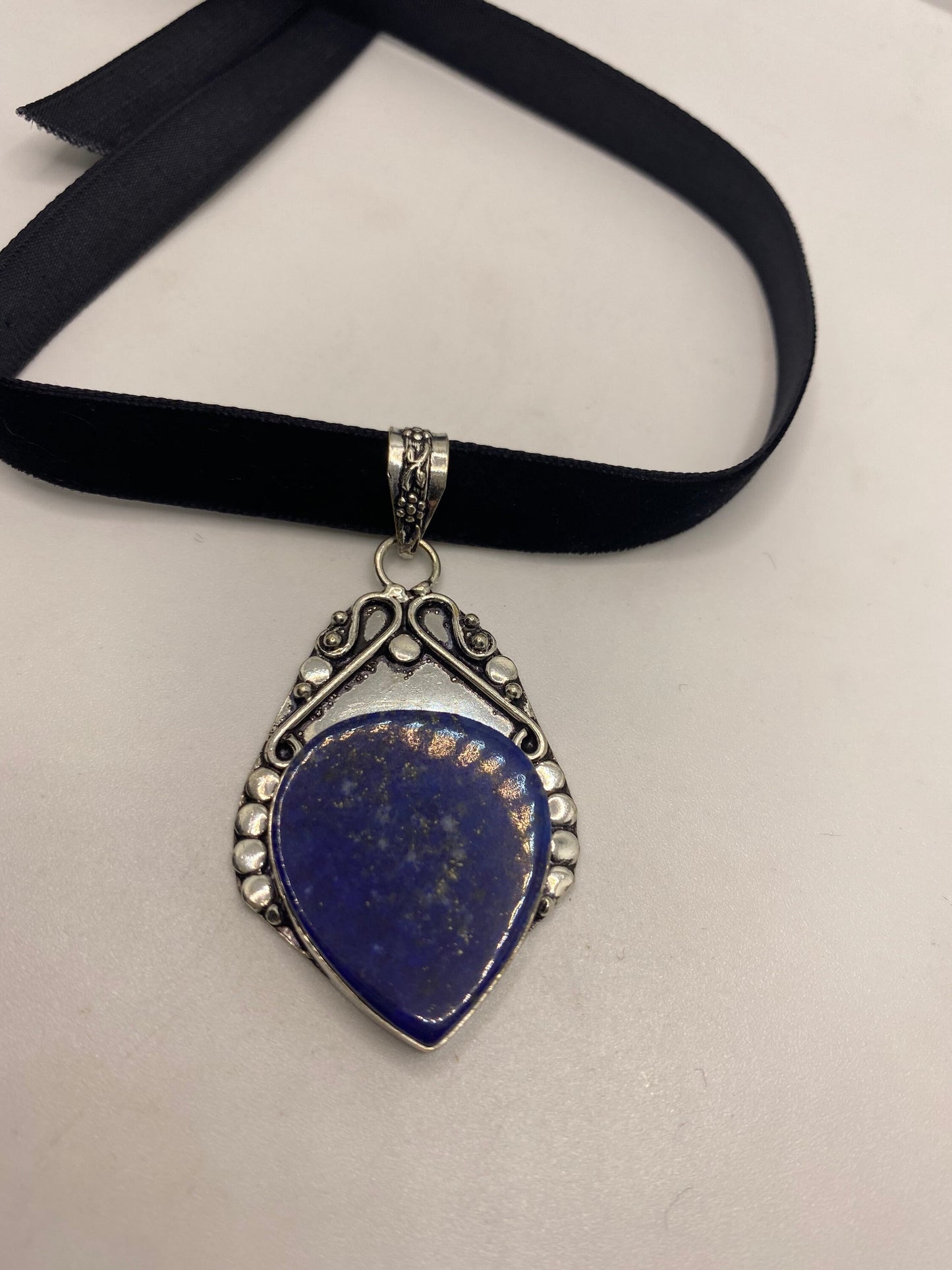 Vintage Blue Lapis Choker Black Velvet Ribbon Necklace.