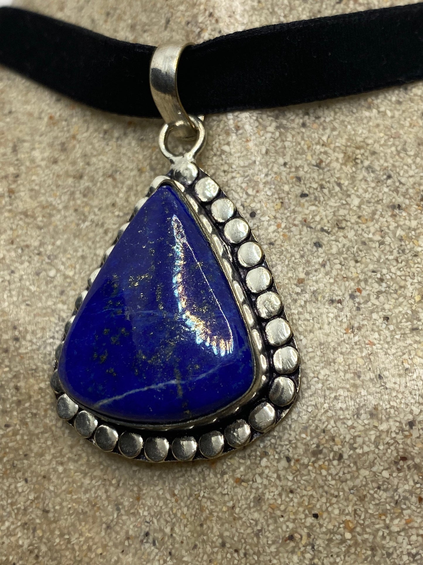 Vintage Blue Lapis Choker Black Velvet Ribbon Necklace.
