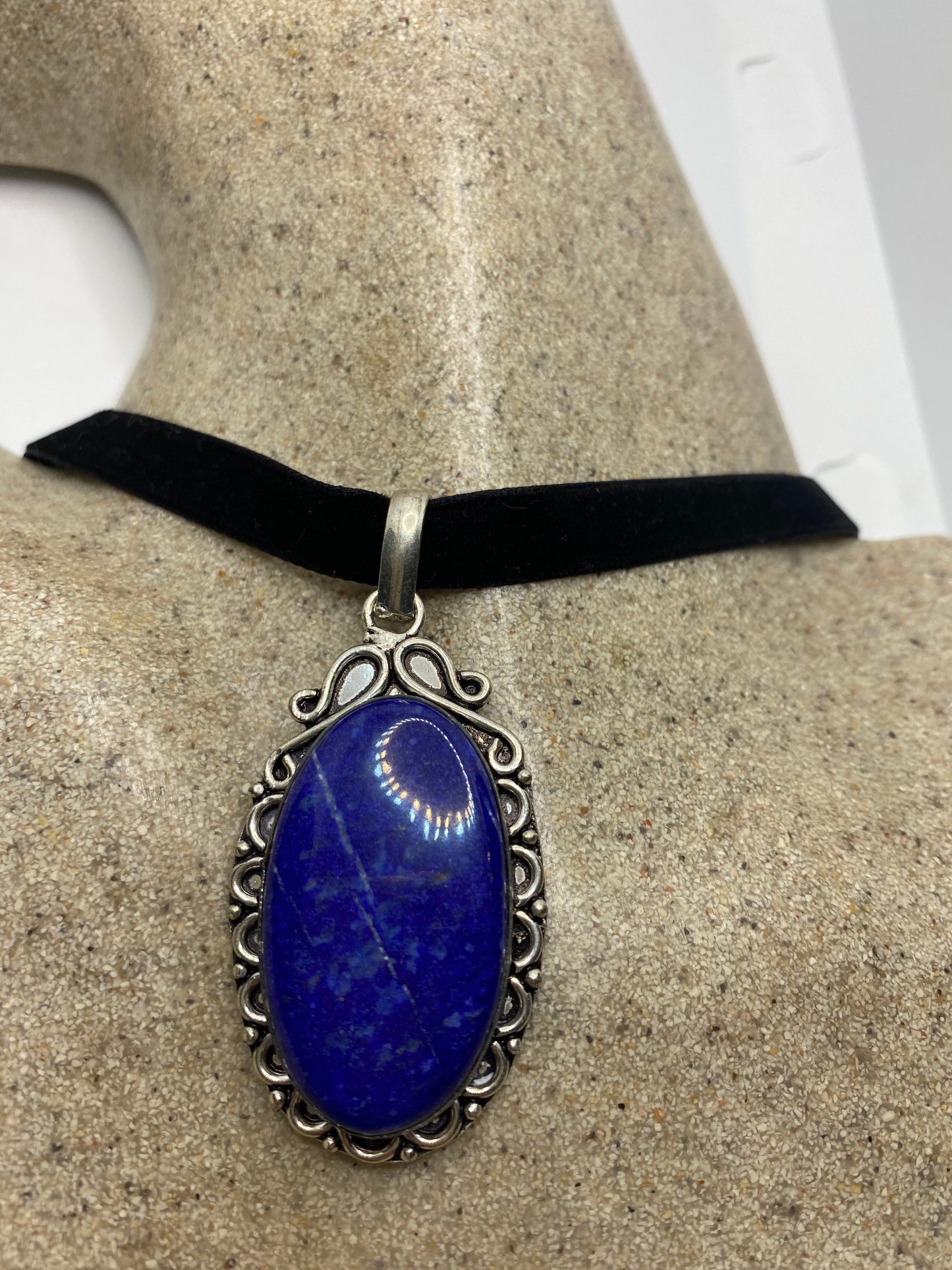 Vintage Blue Lapis Choker Black Velvet Ribbon Necklace.