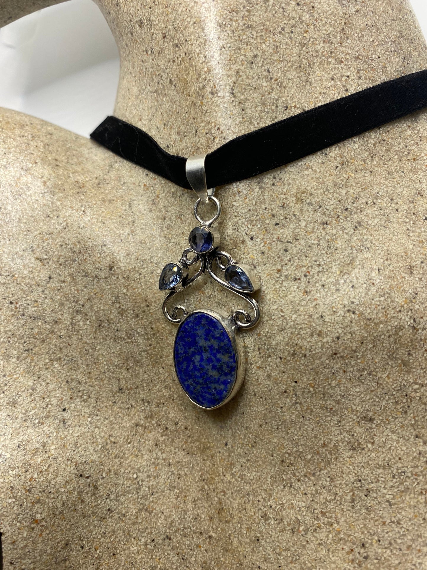 Vintage Blue Lapis Choker Black Velvet Ribbon Necklace.