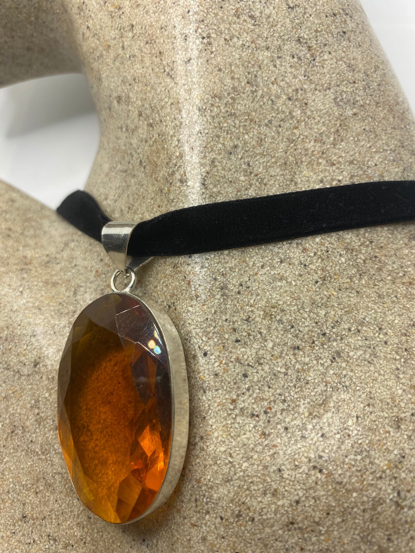 Vintage Amber Glass Antique Black Velvet Ribbon Choker Necklace