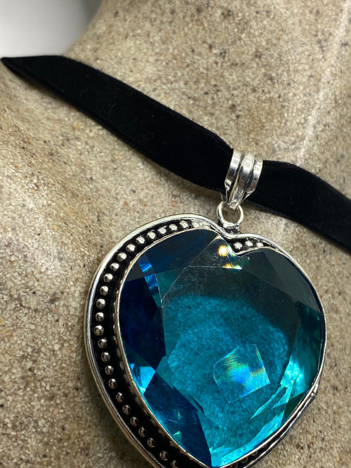 Vintage Blue Glass Heart Antique Black Velvet Ribbon Choker Necklace