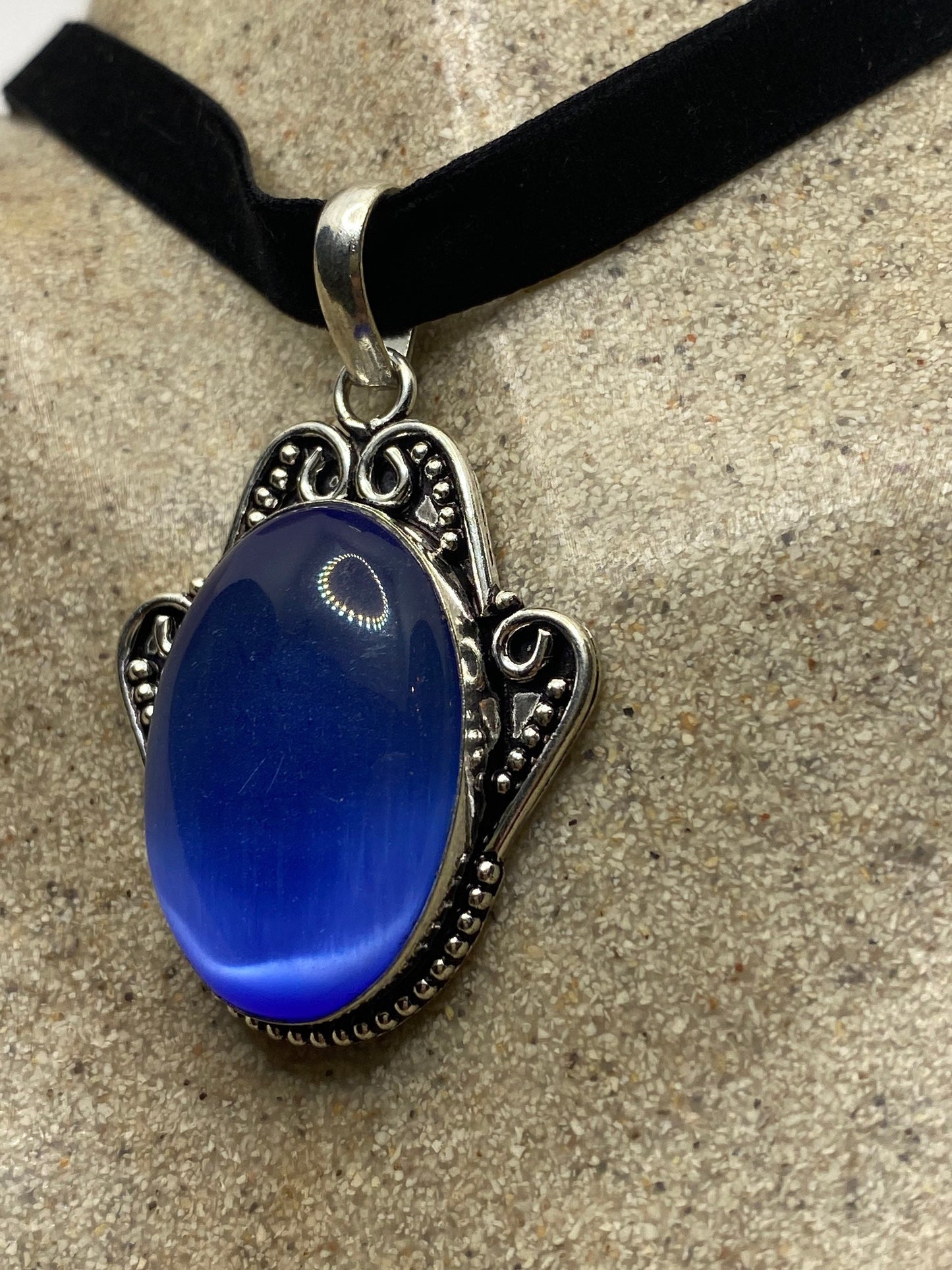 Vintage Blue Cats Eye Glass Antique Black Velvet Ribbon Choker Necklace