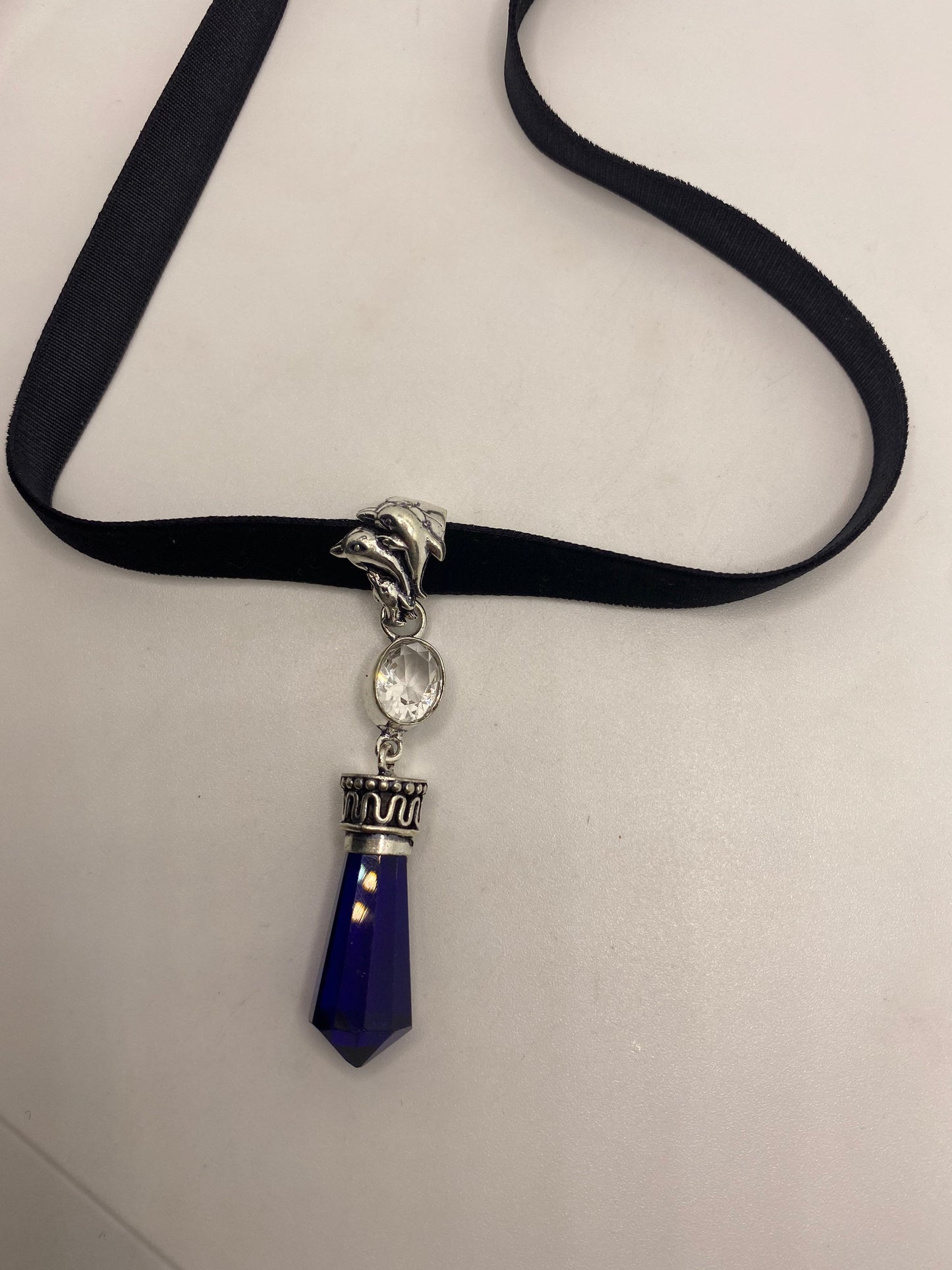 Vintage Colbolt Blue Glass Antique Black Velvet Ribbon Choker Necklace