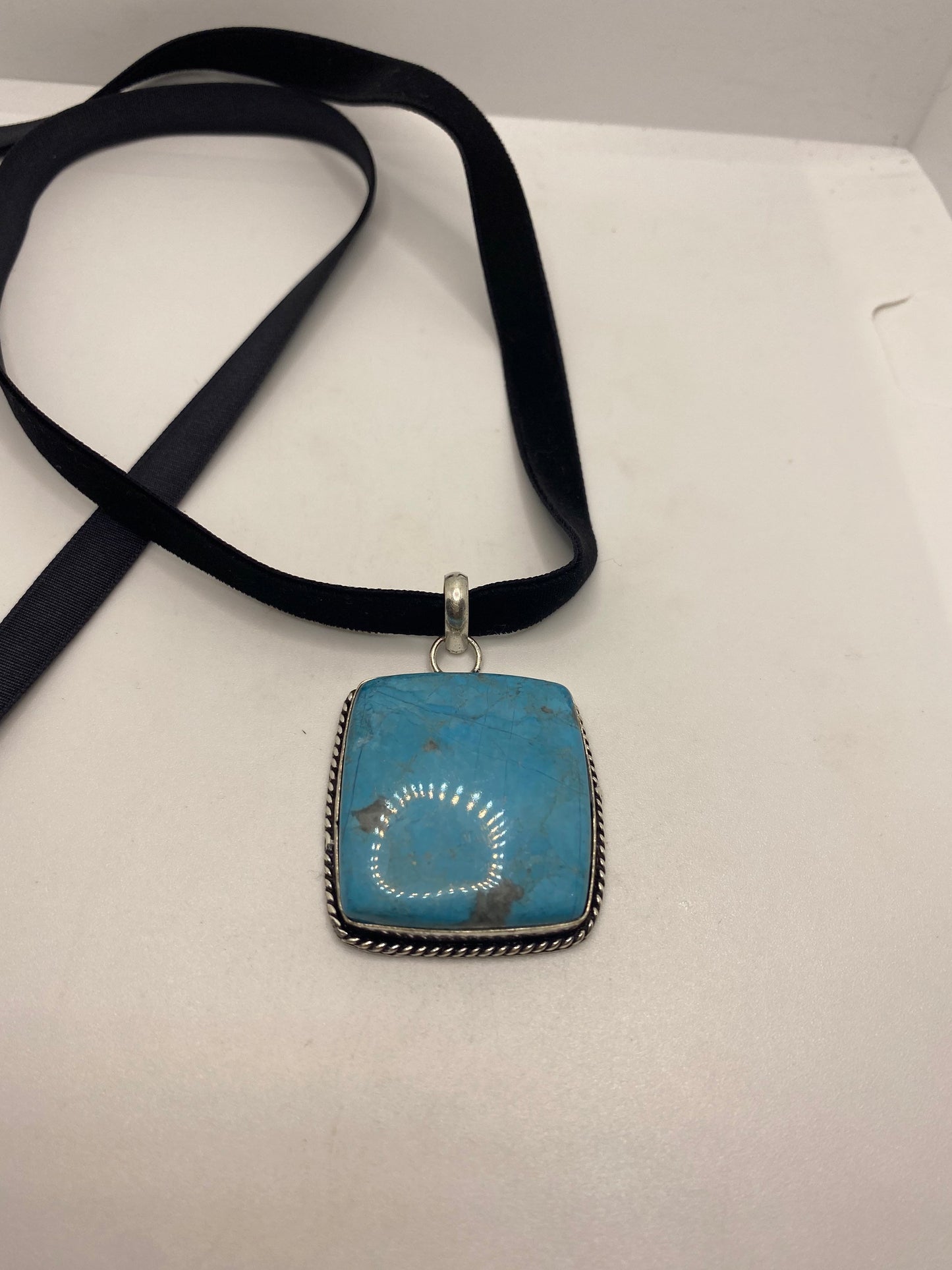 Vintage Tibetan Blue Turquoise Boho Pendant Choker Necklace Black Velvet Ribbon Choker