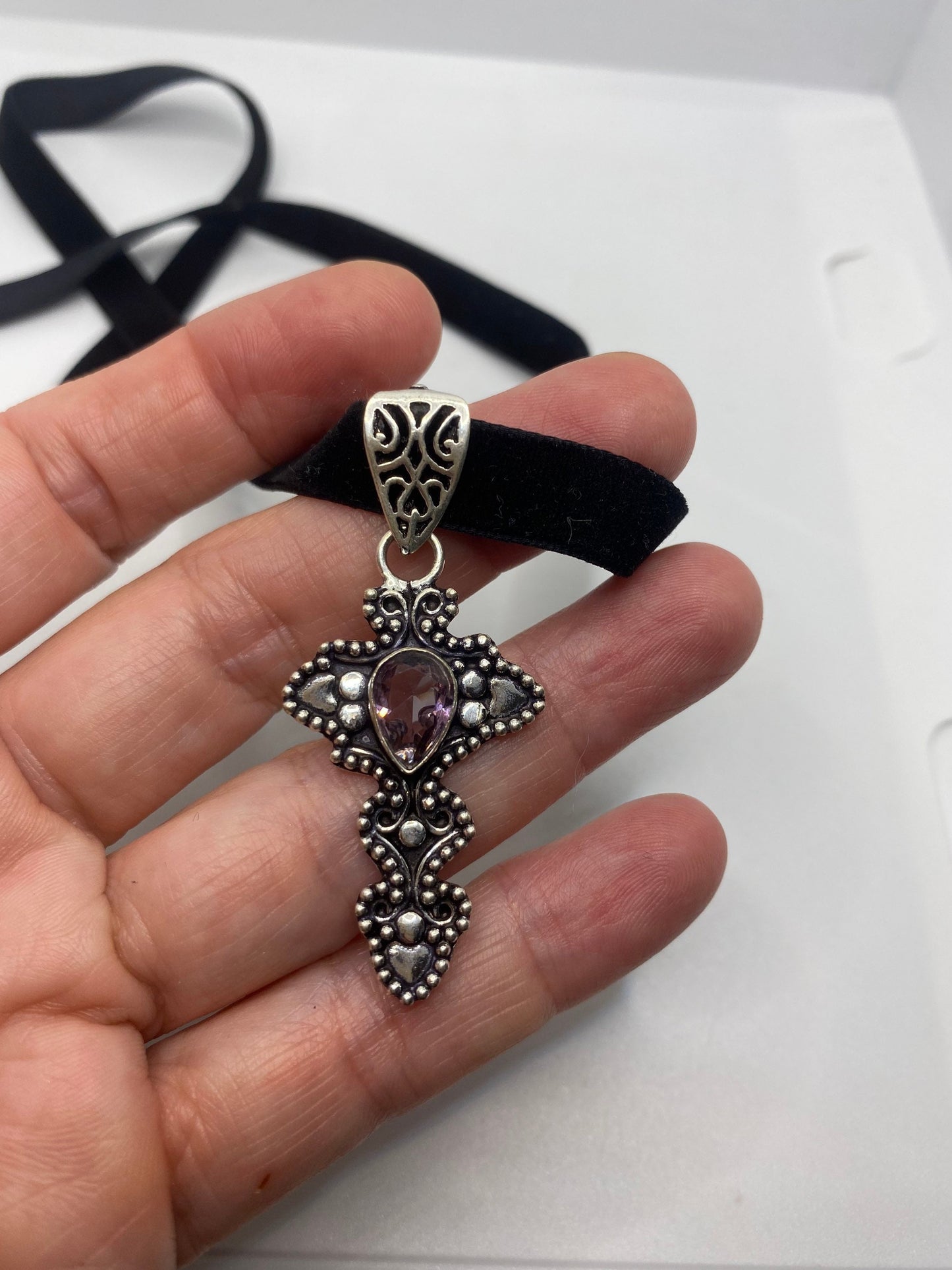 Vintage Purple Amethyst Cross Choker Black Velvet Ribbon Pendant