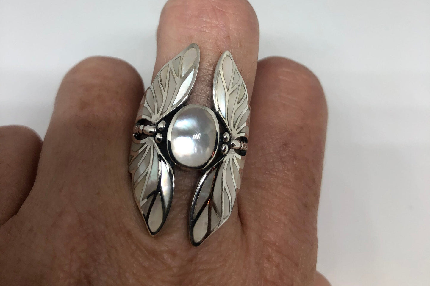 Antique Deco Mother of Pearl Lunar Moth 925 Sterling Silver Ring