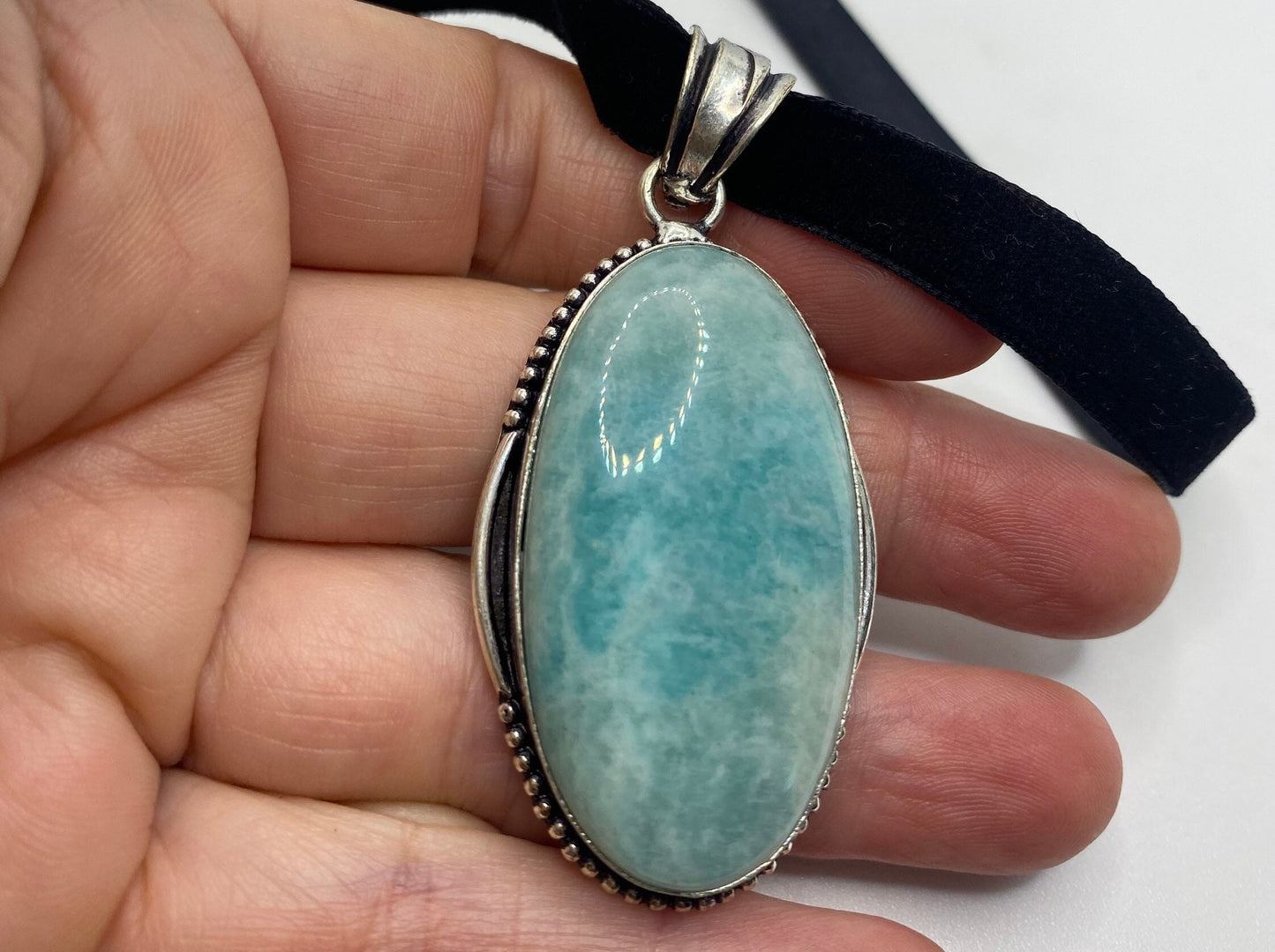 Vintage Blue Larimar Pendant Black Velvet Ribbon Choker Necklace