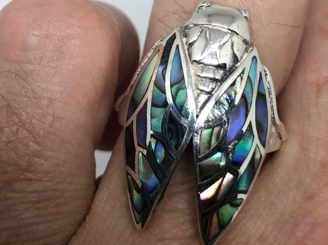 Vintage Deco Abalone Ring Cicada 925 Sterling Silver