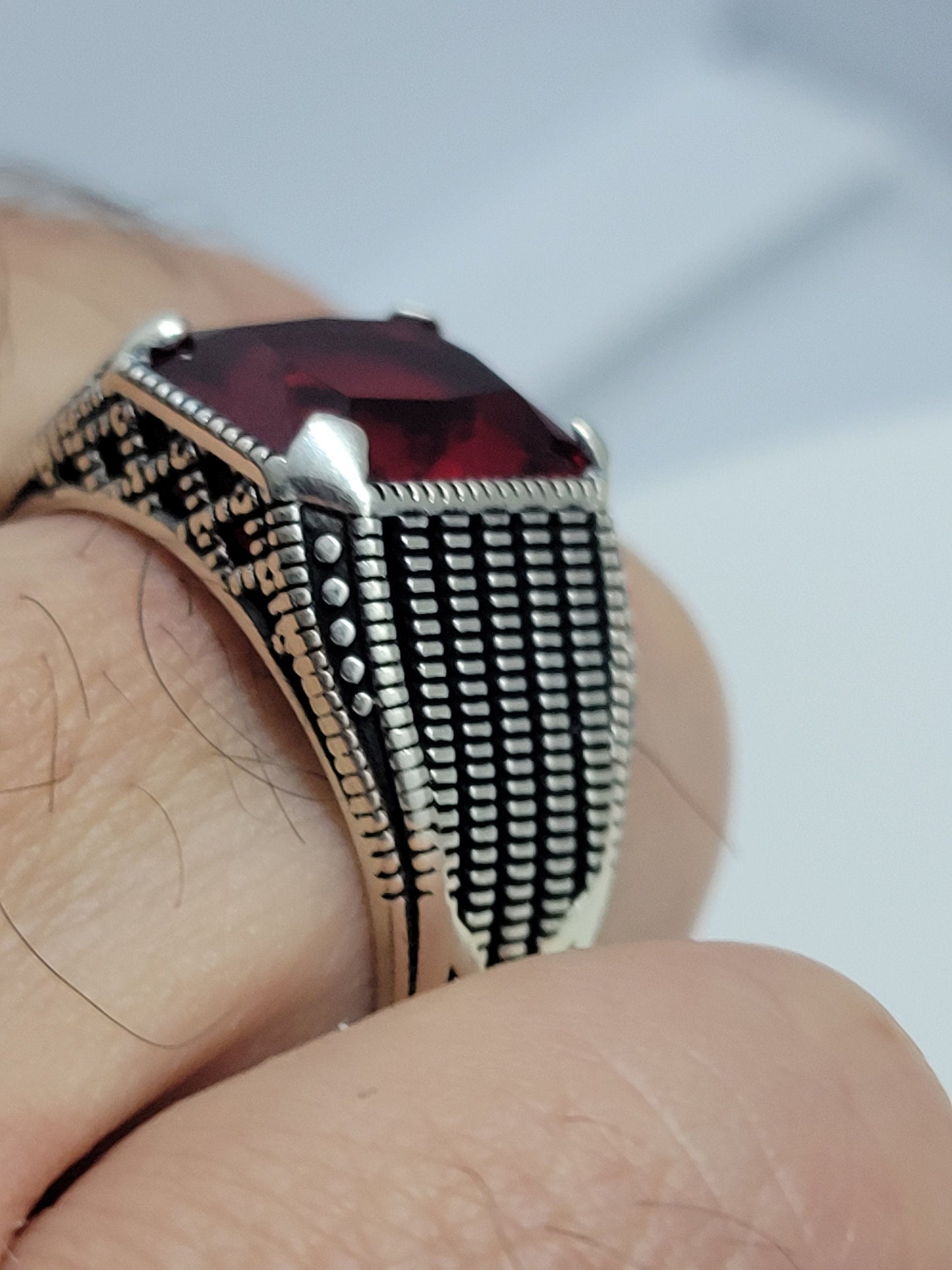Vintage Ruby Glass Men's Ring - Modern Sterling Silver Band