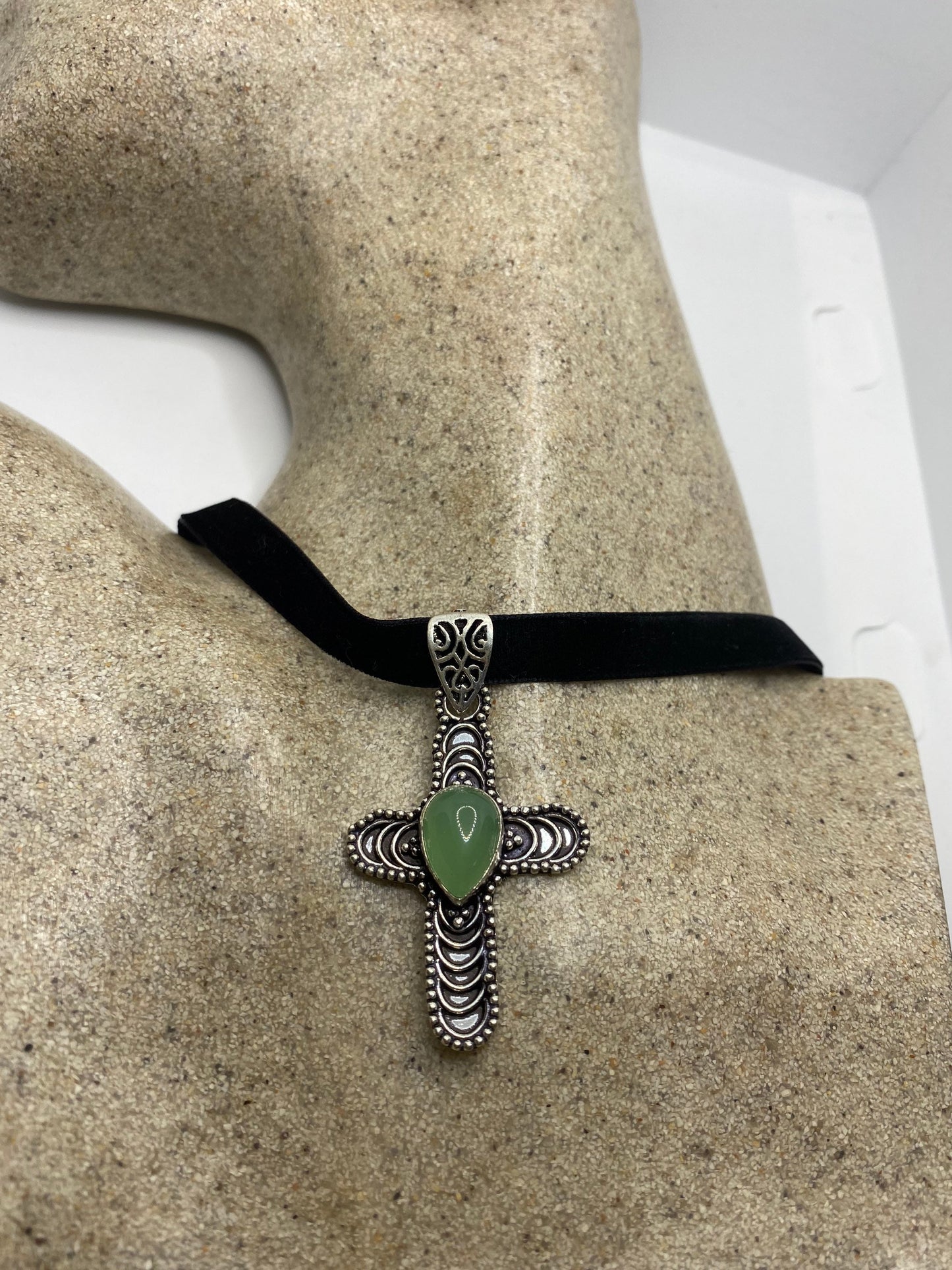 Vintage Silver Green Aventurine Cross Choker Black Velvet Necklace.